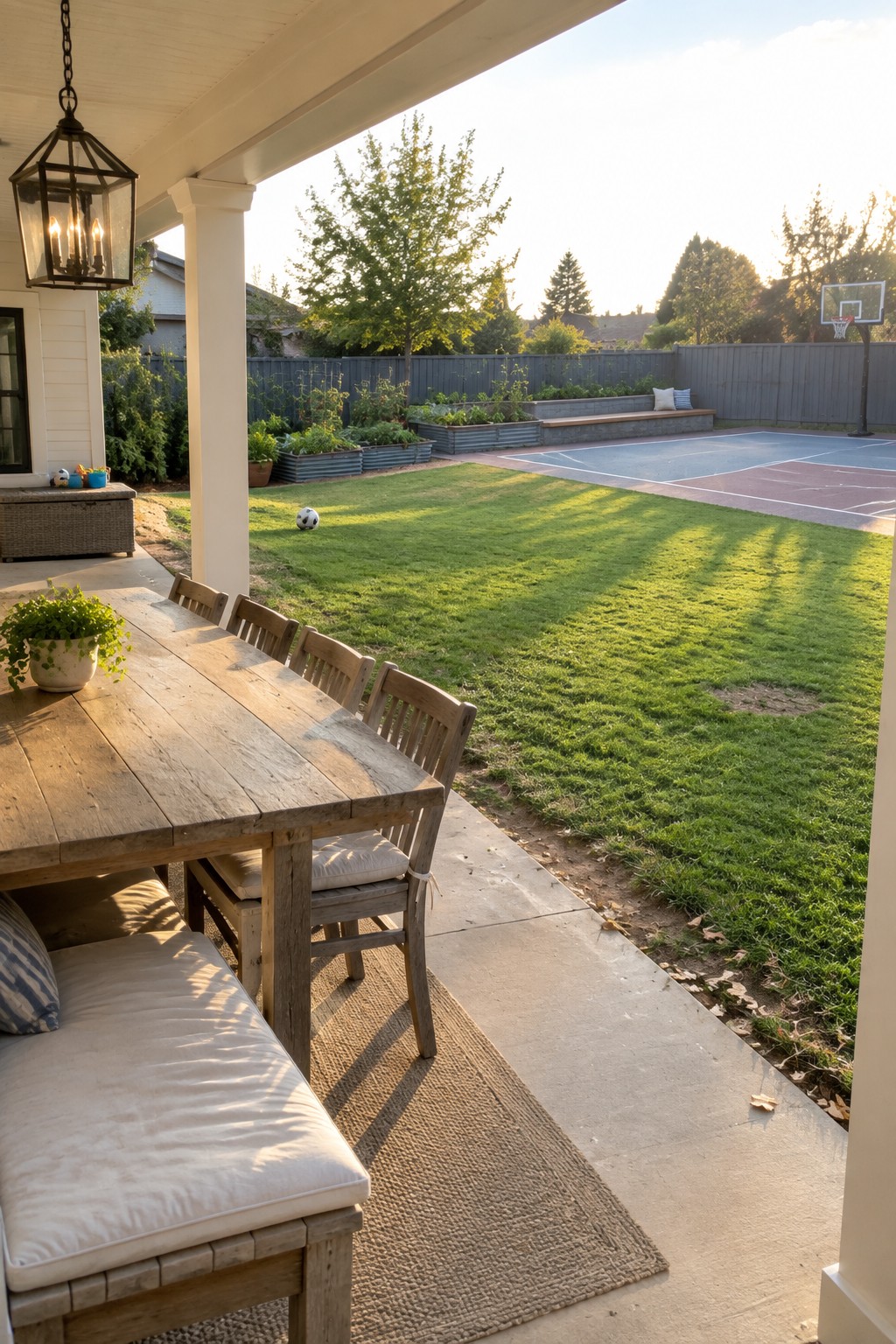 Wooden dining table on porch overlooking green lawn, soccer ball, and basketball court
