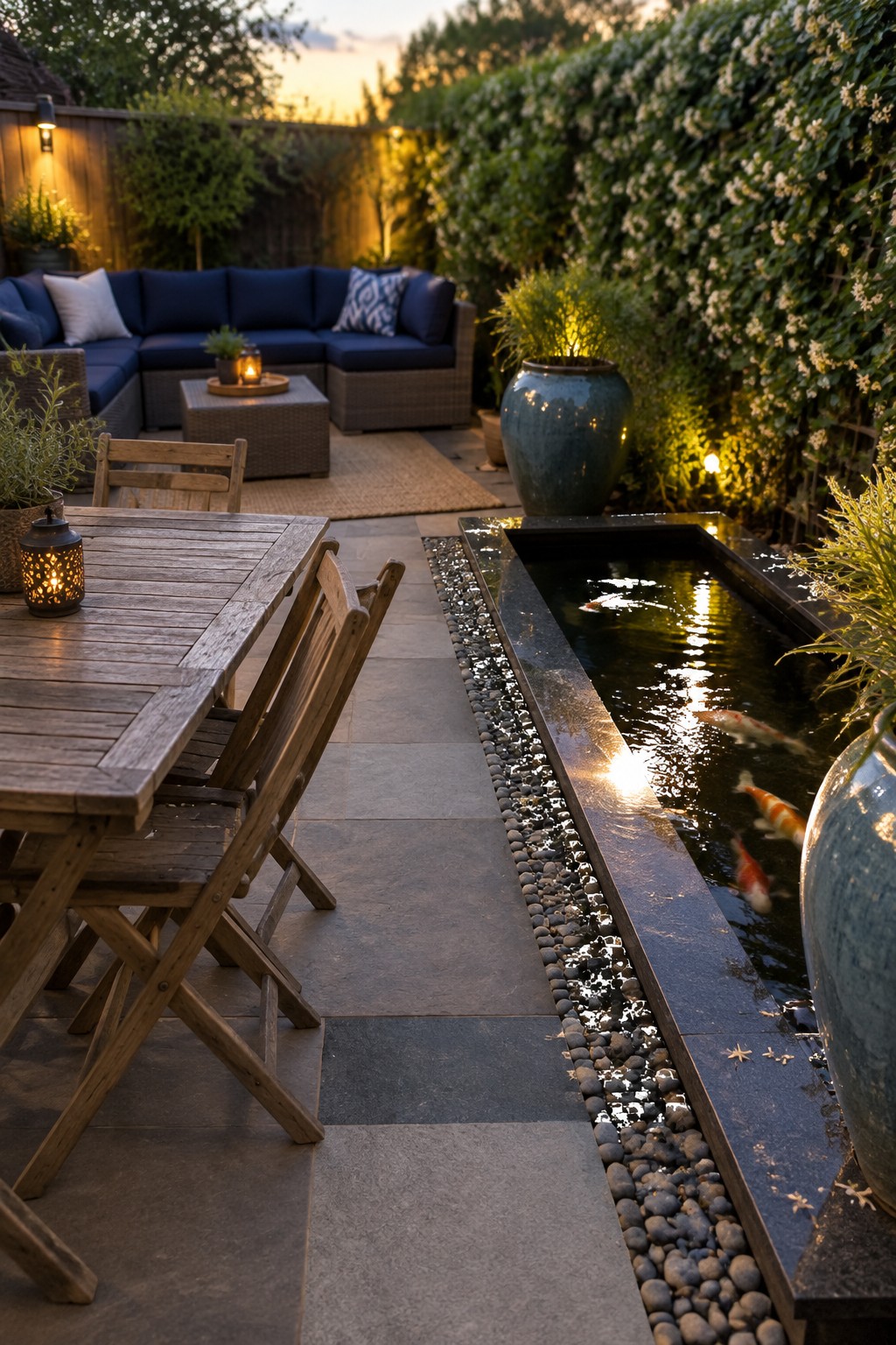 Wooden patio table beside koi pond with fish, blue sofa, and lanterns at dusk