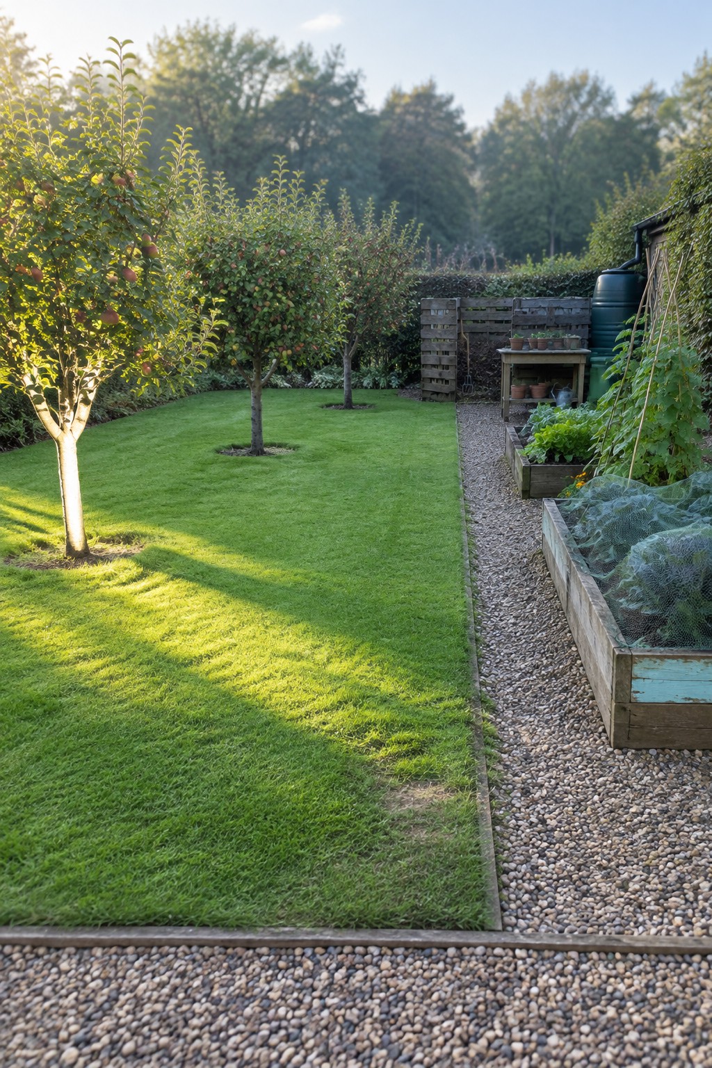 Green lawn with apple trees beside gravel path and wooden raised beds