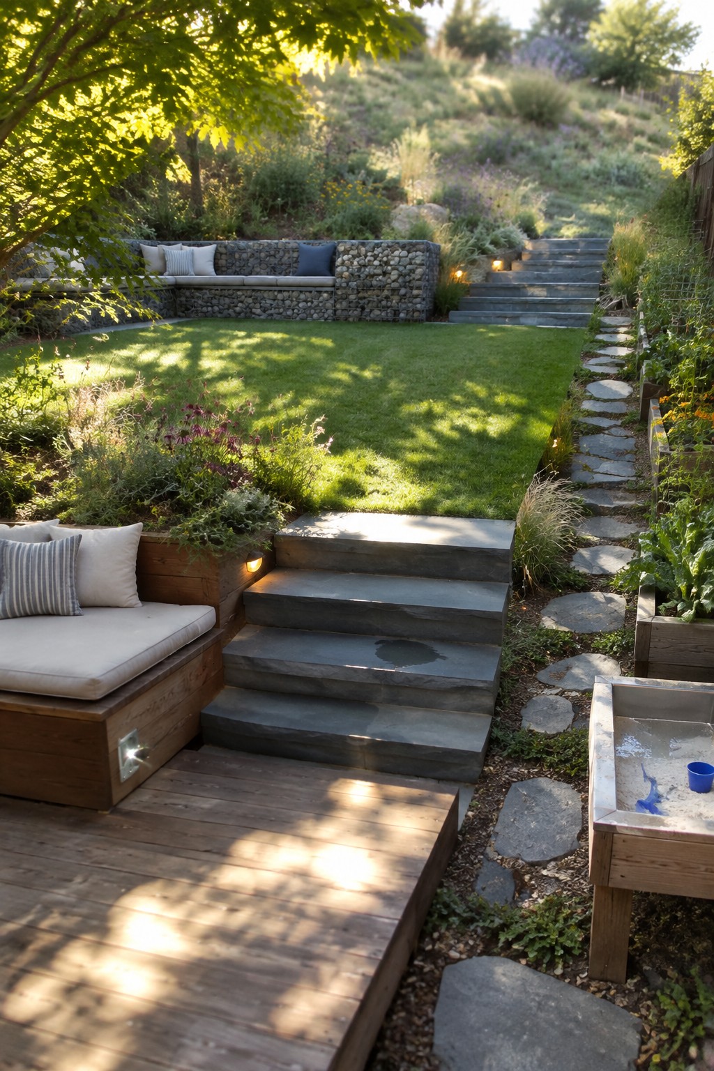 A backyard scene showing a wooden deck with built-in seating, stone steps leading down to a lawn, a stone path along the side, and planting beds with a small sandbox visible.