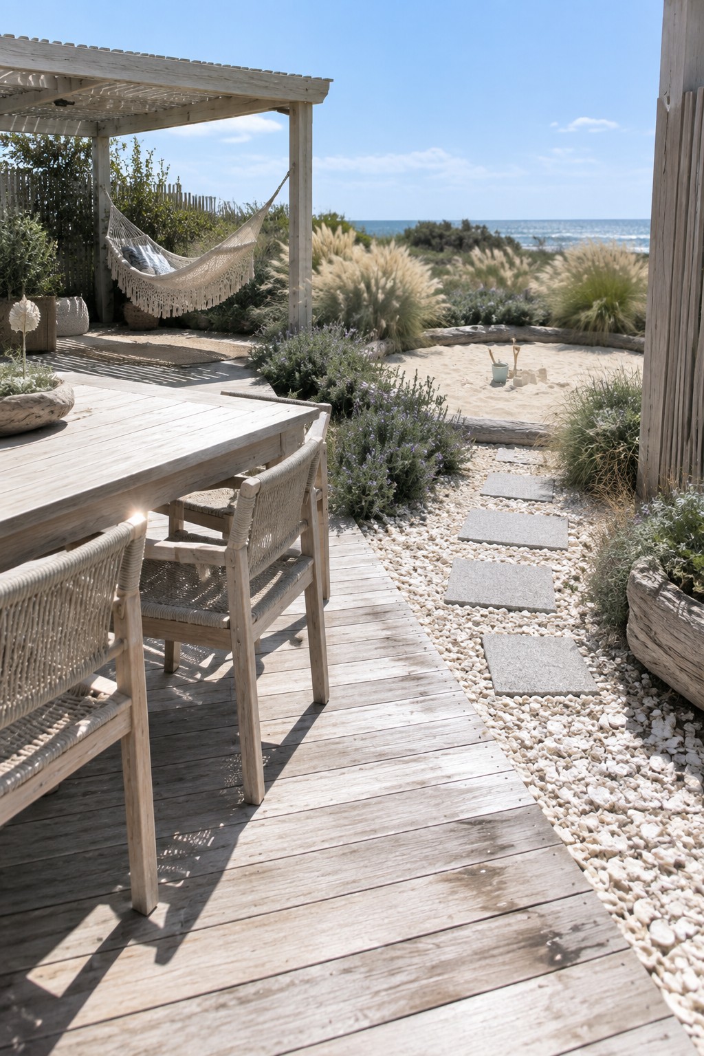 A wooden deck with a table and woven chairs connects via a gravel path with stone pavers to a sandy area bordered by plants.