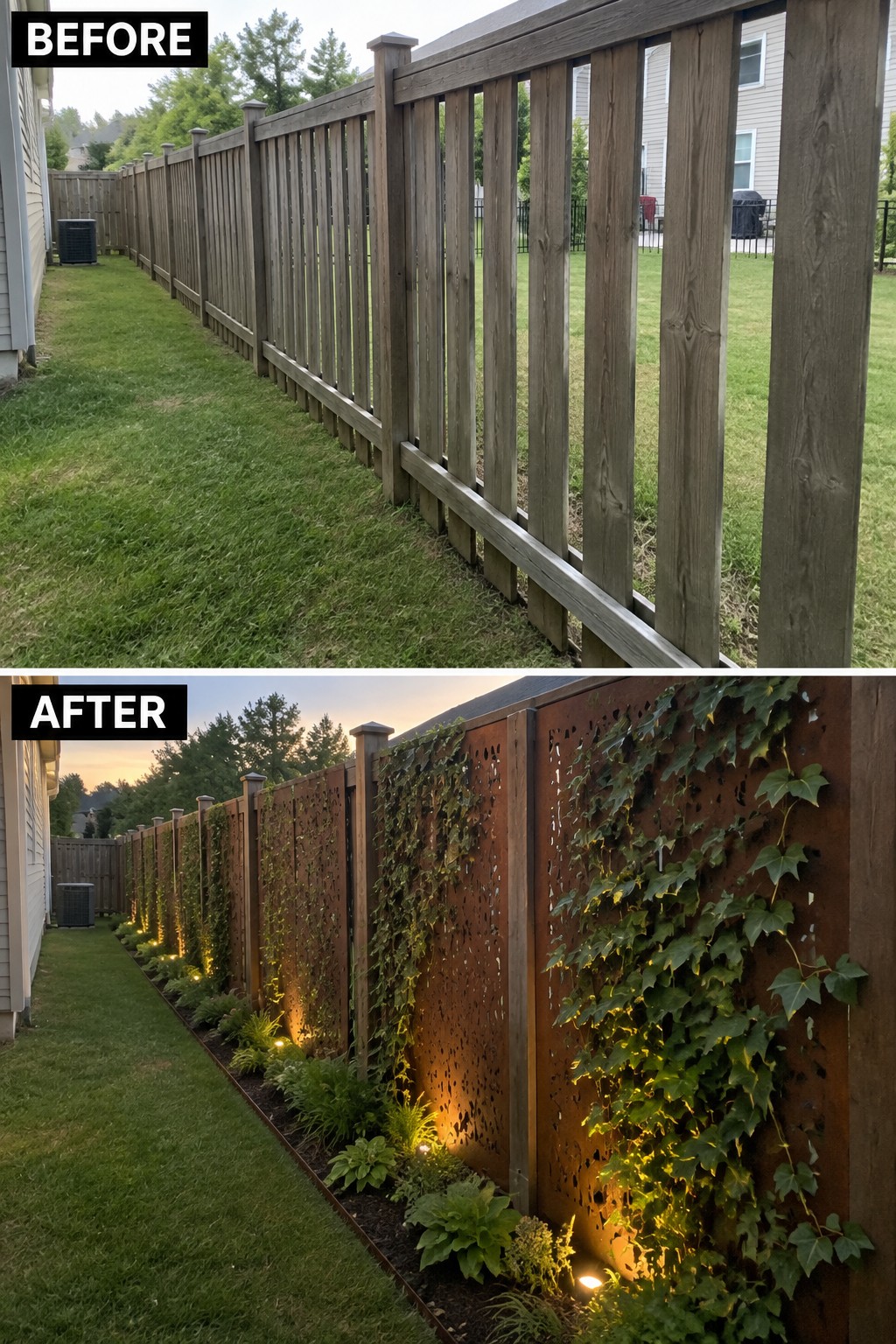 Before-and-after backyard fence transformed from plain wood to rusted metal with vines and lights.