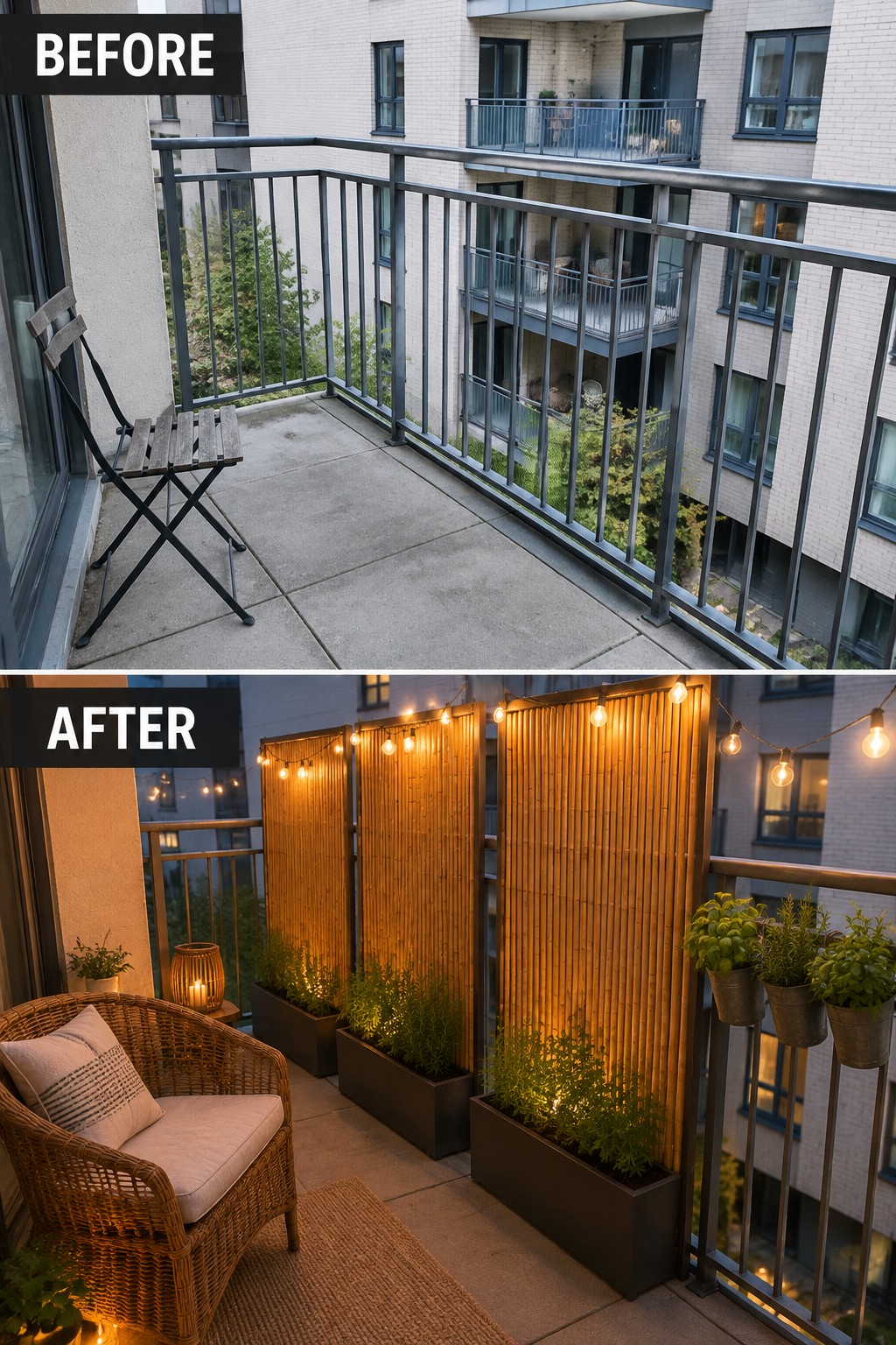 Before-and-after balcony makeover: empty concrete space transformed into cozy lounge with bamboo screens, lights, and plants.