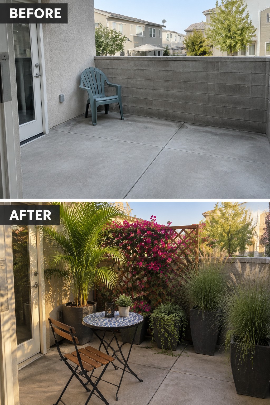 Before-and-after balcony with bare concrete then vibrant potted plants, flowers, table and chairs.