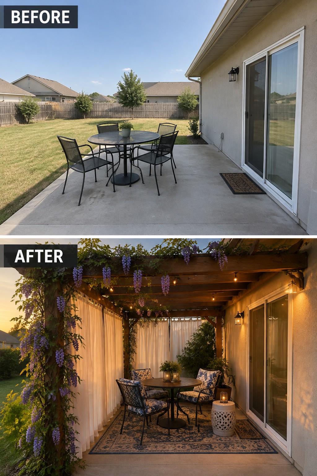 Before and after patio transformation with wooden pergola, purple wisteria, and cozy seating