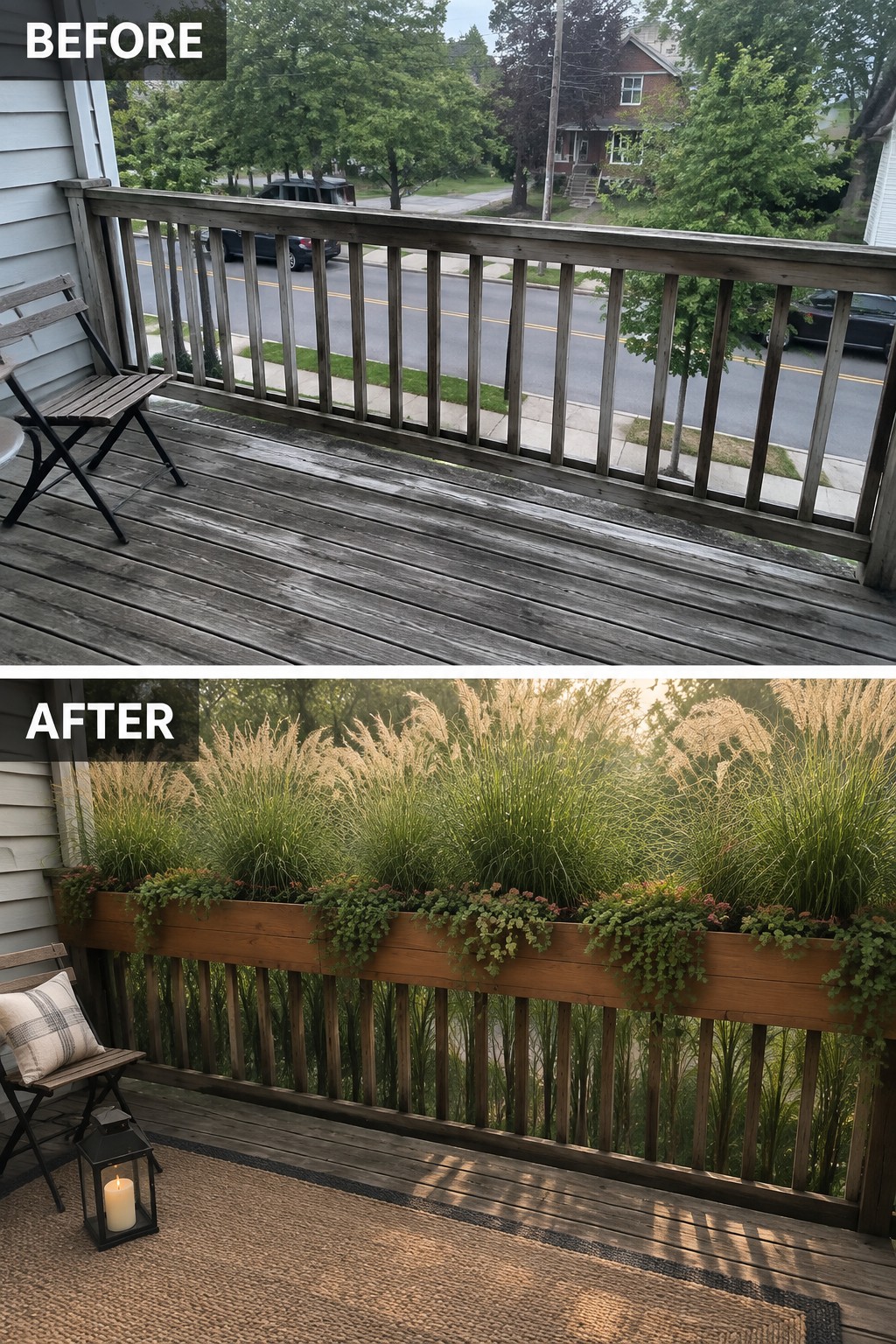 Before-and-after image of a bare wooden porch updated with tall grasses behind the railing and a planter box for privacy.