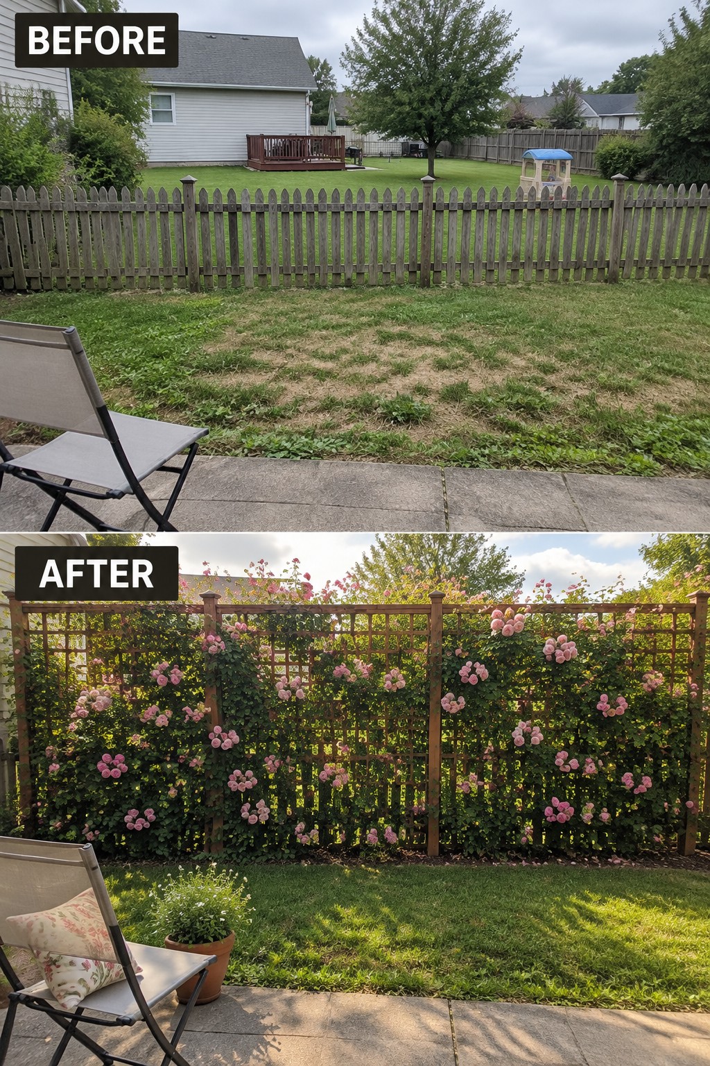 Before-and-after backyard fence with pink roses on lattice and green lawn