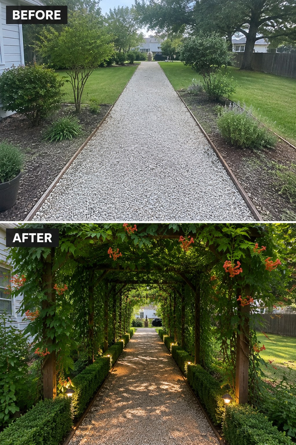 Before and after of gravel path with vine-covered pergola and pathway lights