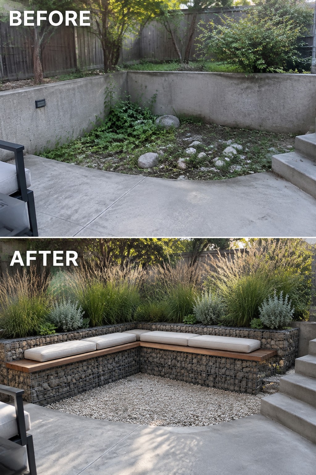 Before and after patio with gabion benches, cushions, gravel, and lush plants added.
