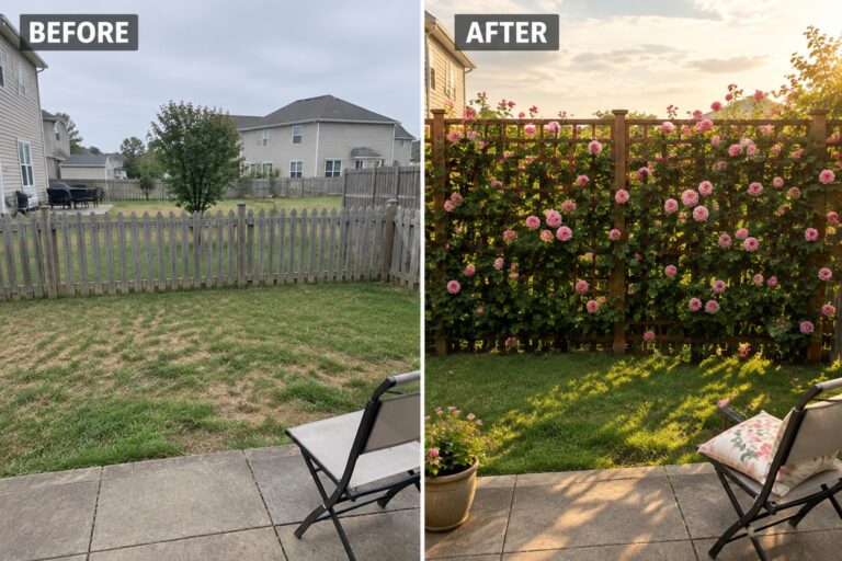 Before-and-after backyard fence with pink roses on lattice and green lawn