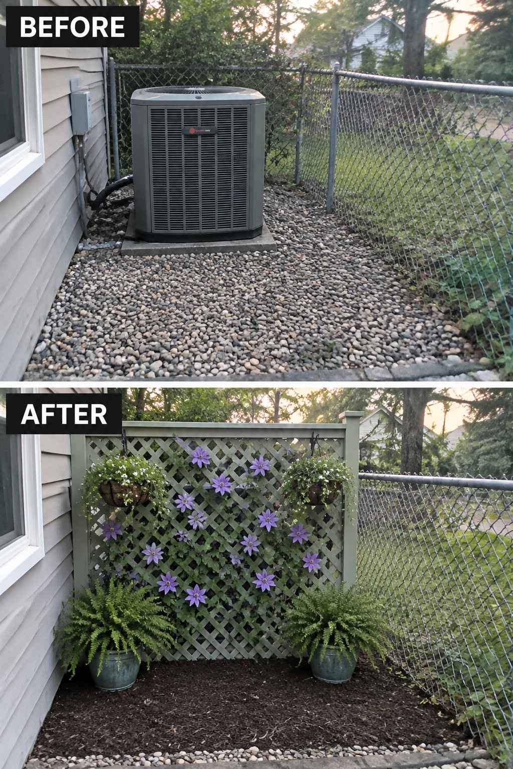 Before and after of air conditioner screened by green lattice with purple flowers and ferns.