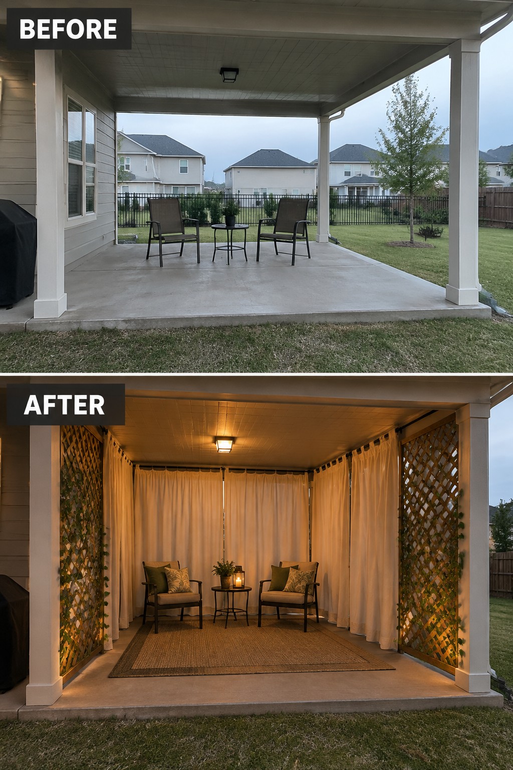Before and after patio transformed with curtains, lattice panels, rug, and warm lights