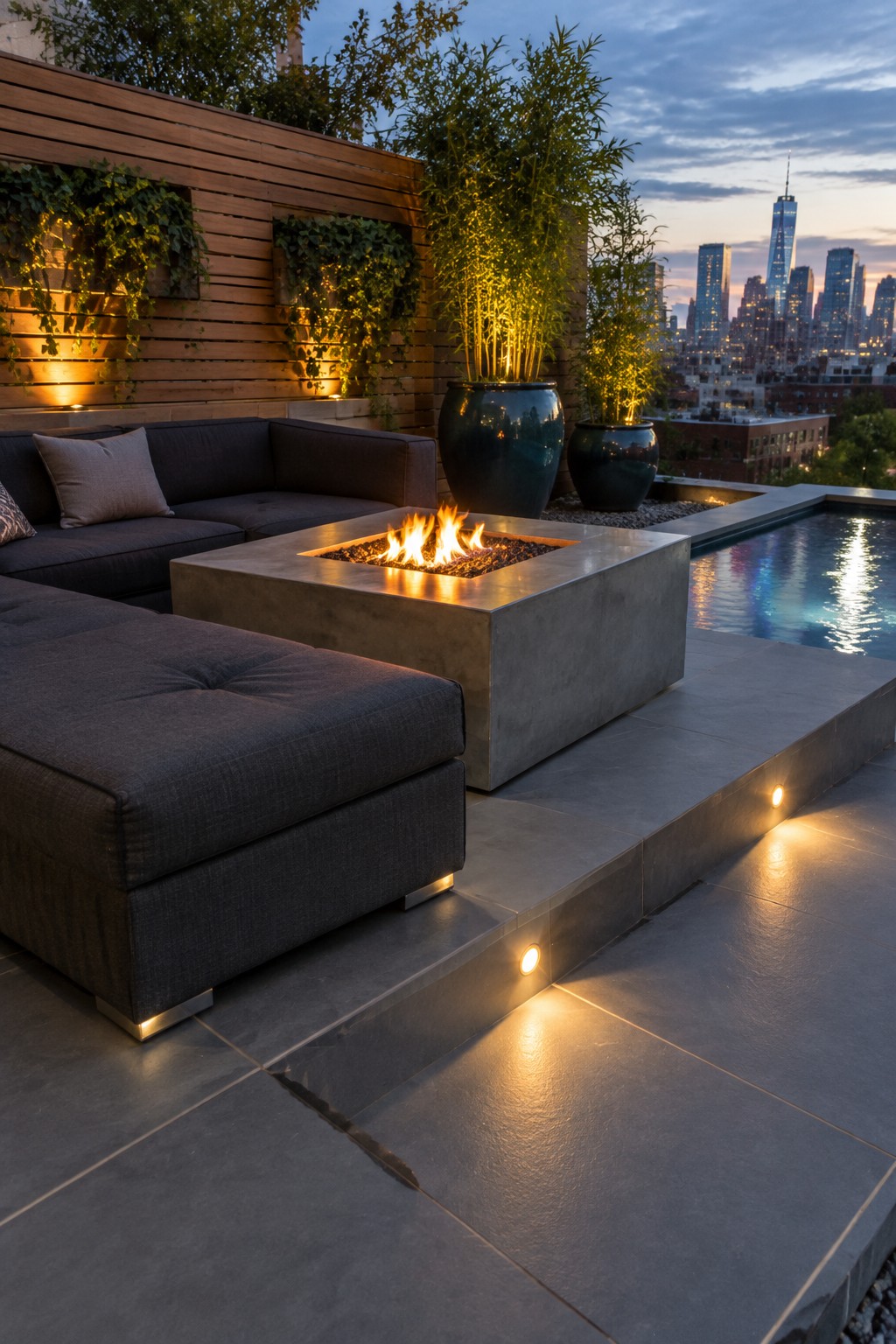 A square concrete fire pit with active flames sits on a stone patio surrounded by dark gray sectional sofa pieces, next to a pool with city buildings visible in the background at dusk.