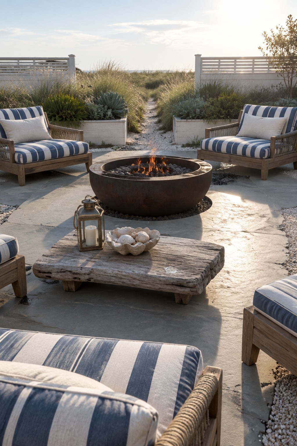 A round metal fire pit on a stone patio is surrounded by wooden lounge chairs with blue and white striped cushions, with a low wooden table holding a lantern and shell bowl in the foreground.