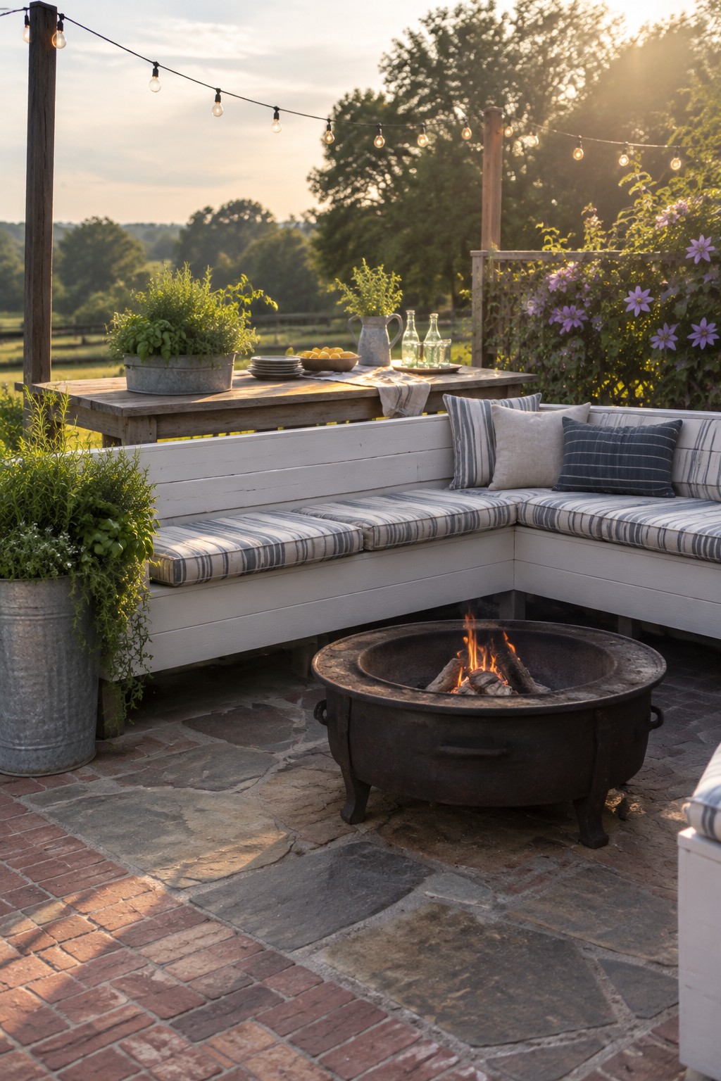 An L-shaped white wooden bench with striped cushions surrounds a round metal fire pit on a stone patio, with a wooden table, potted plants, and string lights nearby.