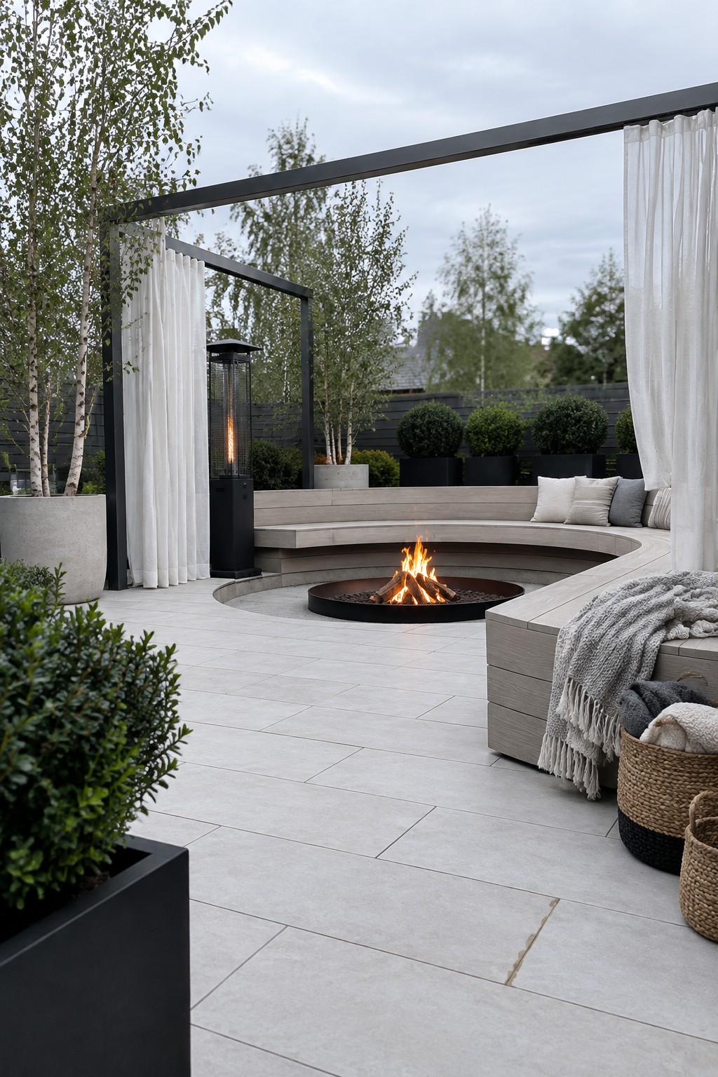 Outdoor patio with a circular fire pit set into light gray tile and surrounded by curved built-in wood seating with pillows and blankets.