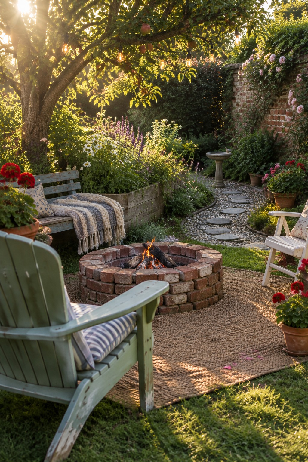 A circular brick fire pit with burning logs sits on a woven rug in a garden, surrounded by painted wooden chairs and potted flowers, with trees, a stone path, and string lights overhead.
