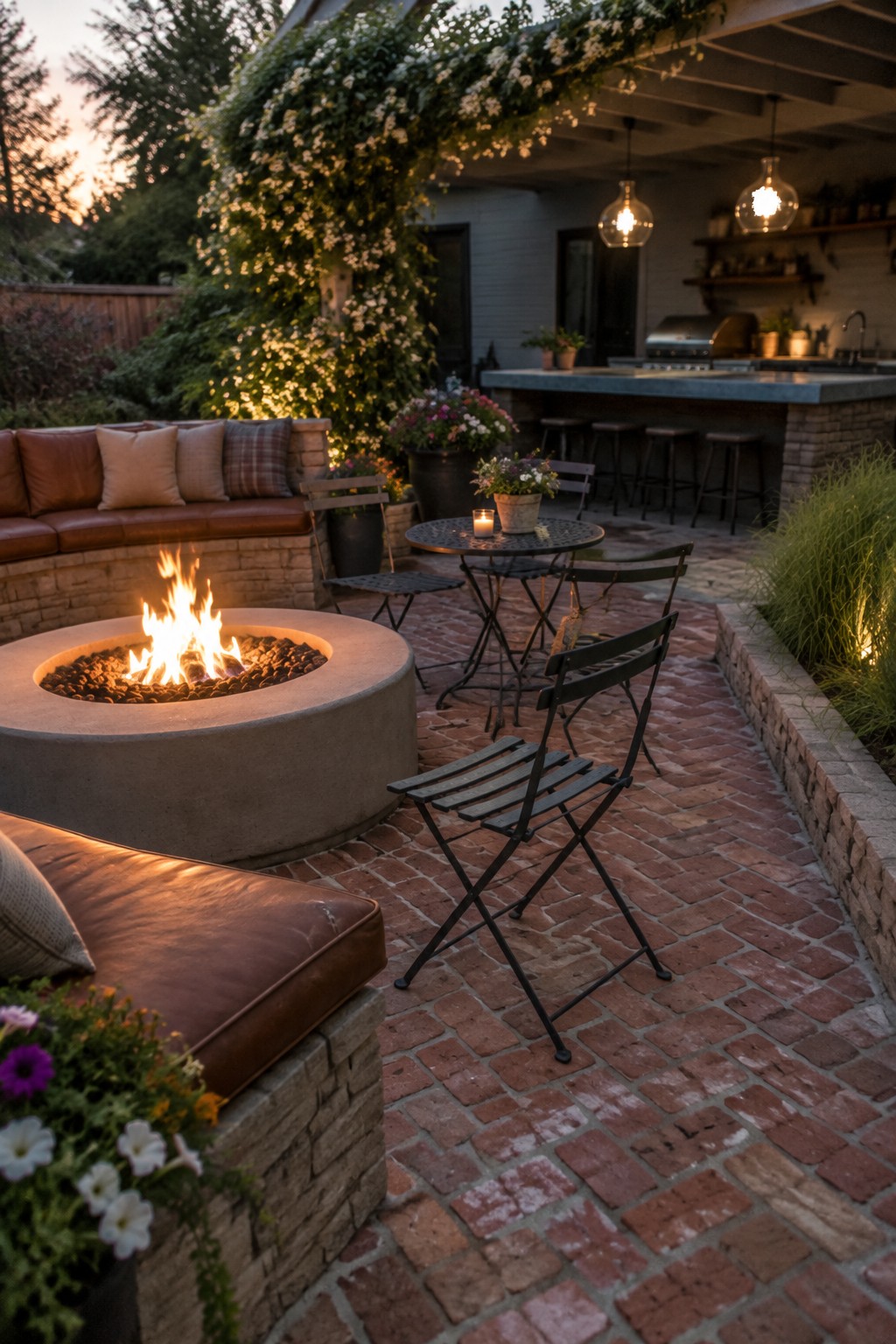 A round concrete fire pit with active flames is set on a red brick patio, surrounded by a built-in cushioned bench and several black metal chairs, with an outdoor kitchen visible in the background.