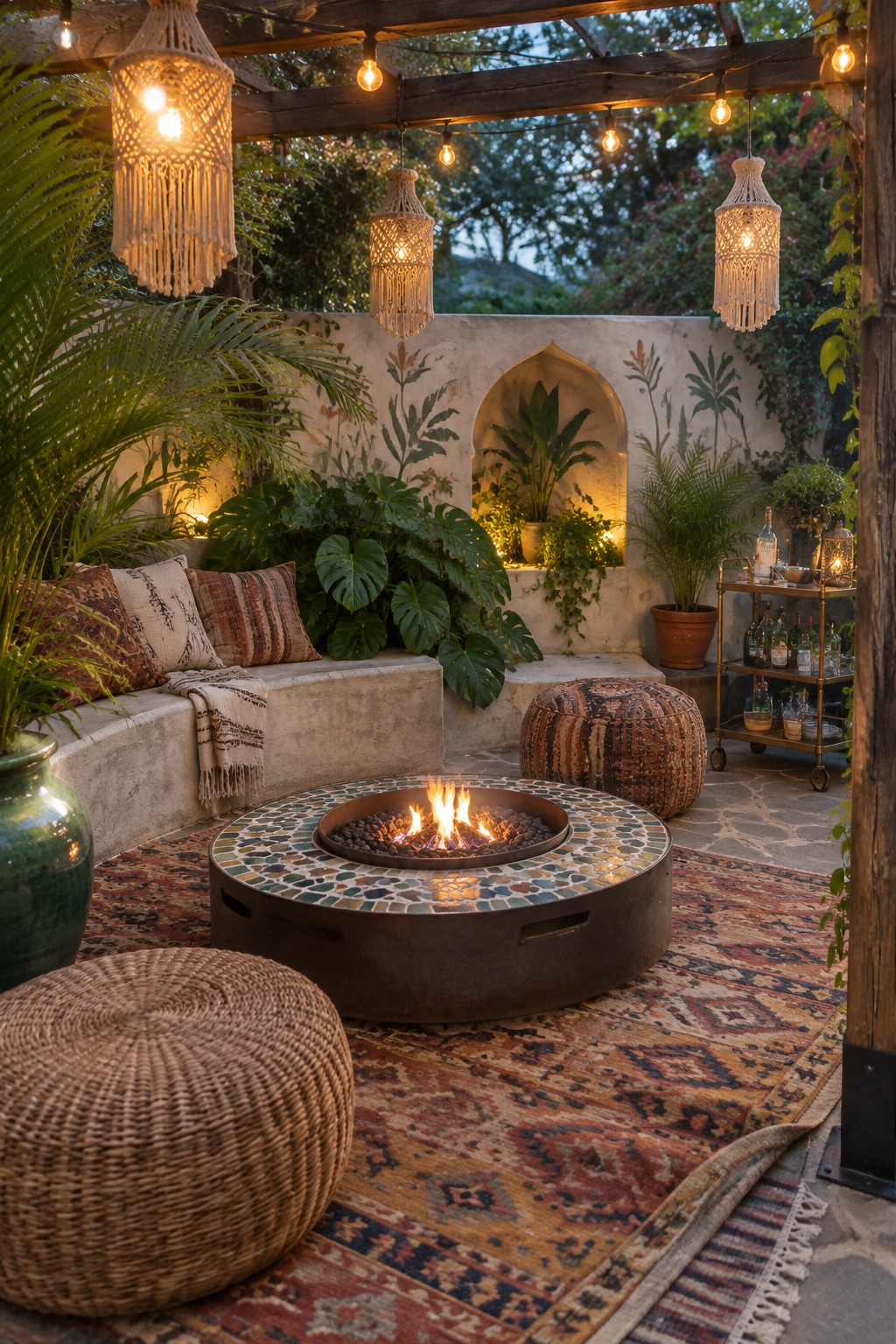 A round mosaic fire pit with flames sits centered on layered rugs in an outdoor patio surrounded by plants, string lights, and mixed seating.