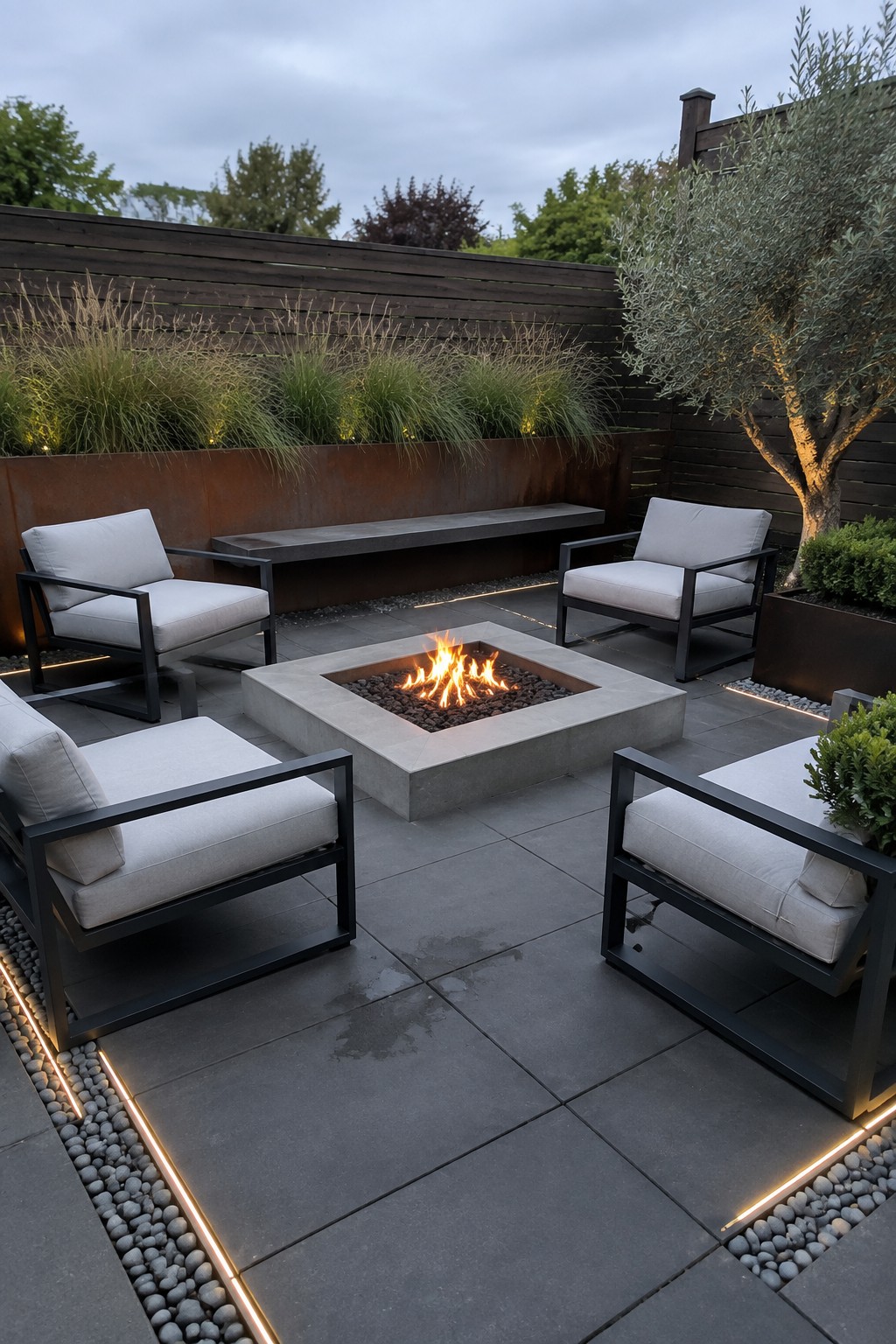 A square concrete fire pit with burning logs sits in the center of a stone patio, surrounded by four modern armchairs with light cushions and one long bench, all set against a dark fence with tall grasses and trees.