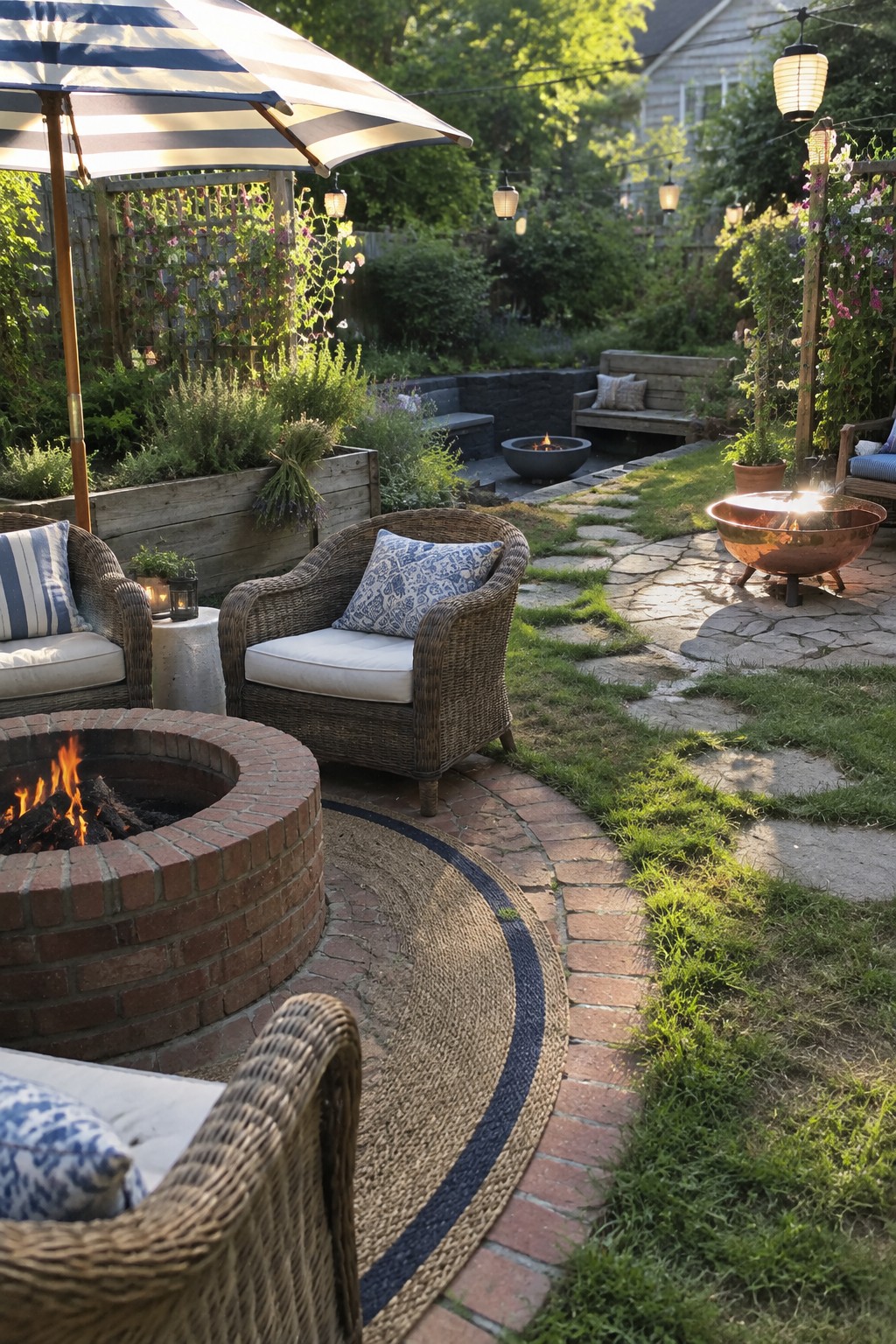 A backyard patio features a round brick fire pit with wicker chairs arranged on a circular jute rug beside a stone path.