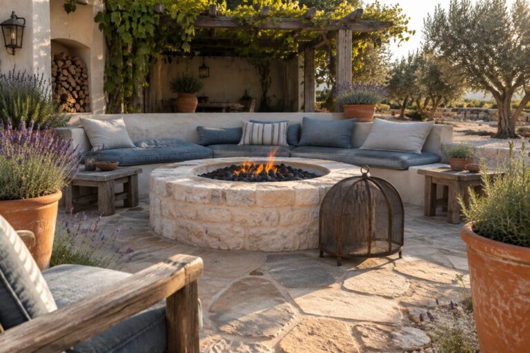 15 Creative Backyard Garden Design Ideas Centered on Fire-Pit Seating A round stone fire pit with a metal dome sits centered in a curved built-in bench with blue cushions on a flagstone patio under a wooden pergola.