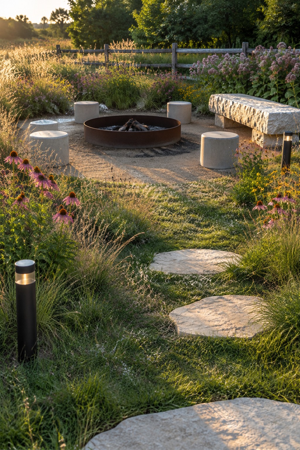 Rustic fire pit with concrete seats, stone bench, and stepping stones through wildflowers at dusk
