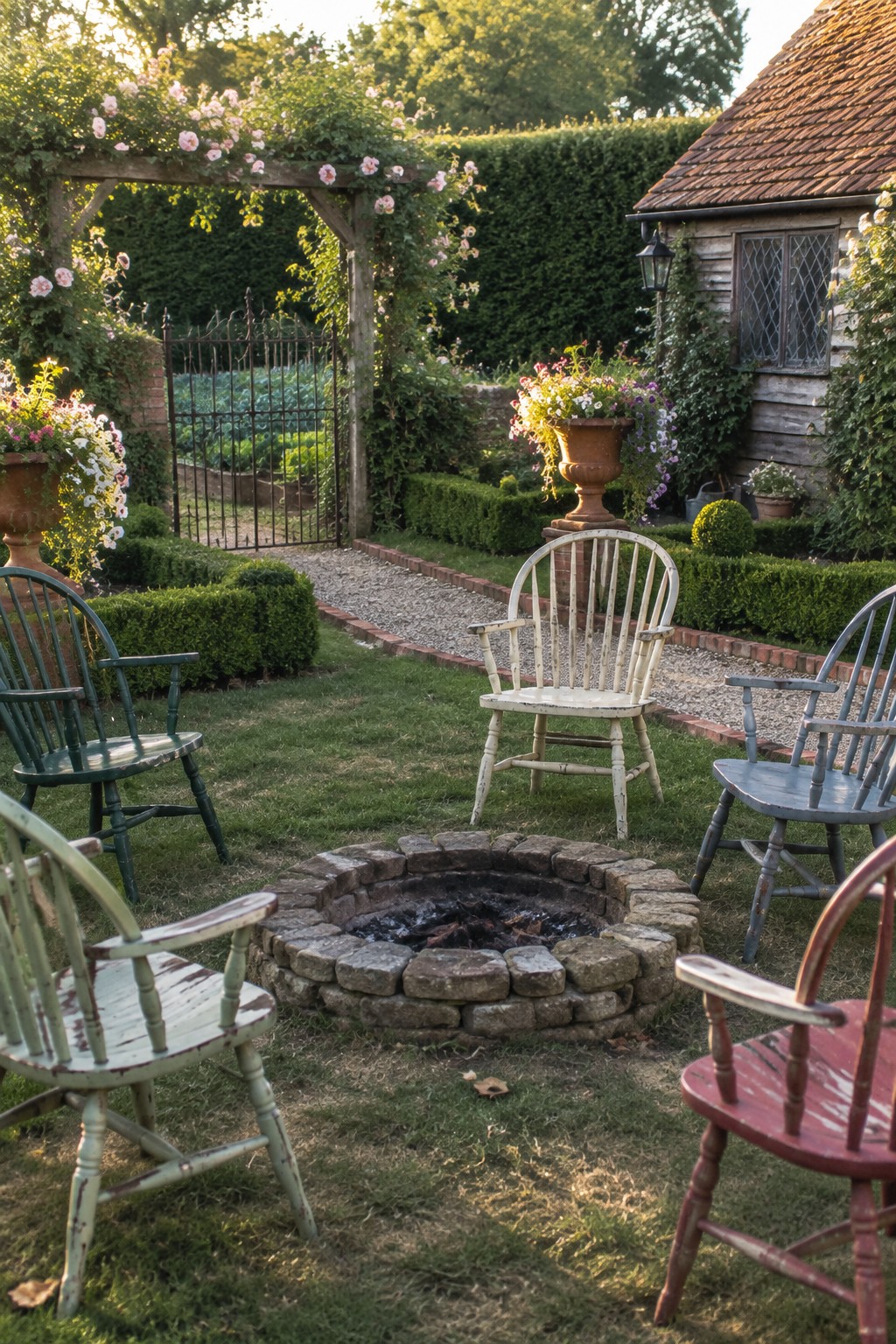 Colorful weathered chairs encircle a stone fire pit in a rose-filled garden