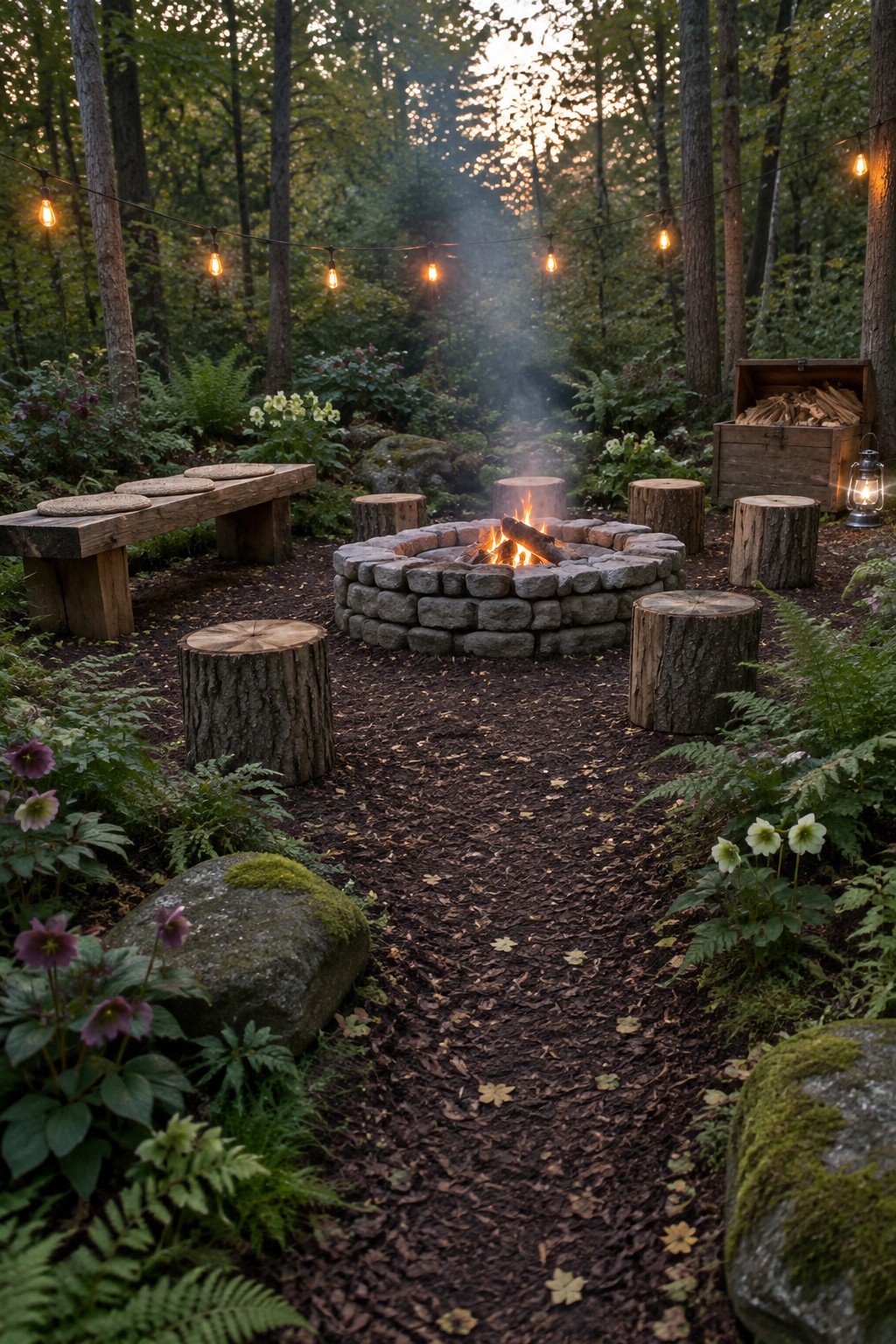 A circular stone fire pit with tree stump seats arranged around it in a forest clearing, string lights overhead and a wooden storage box nearby.