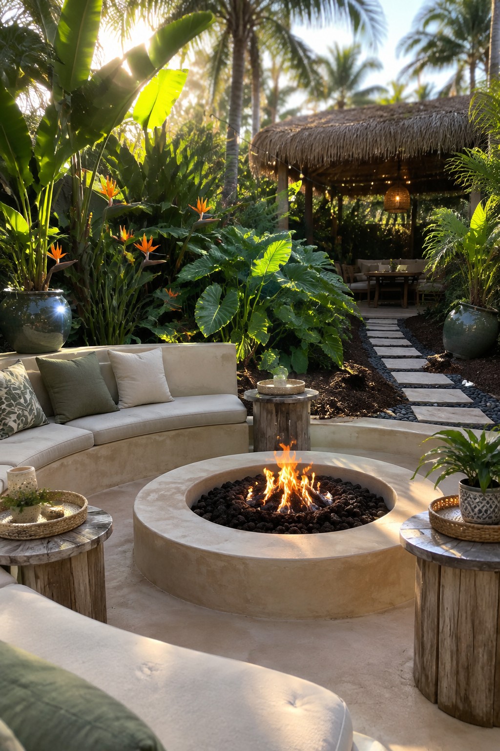 A round concrete fire pit with a burning fire is surrounded by a curved outdoor sofa and side tables in a tropical garden setting with a thatched structure in the background.