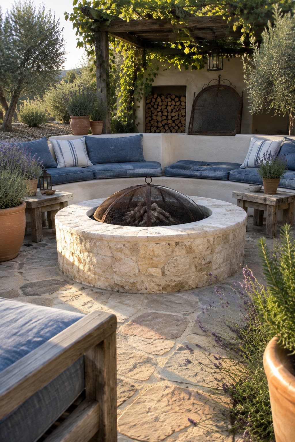 A round stone fire pit with a metal dome sits centered in a curved built-in bench with blue cushions on a flagstone patio under a wooden pergola.