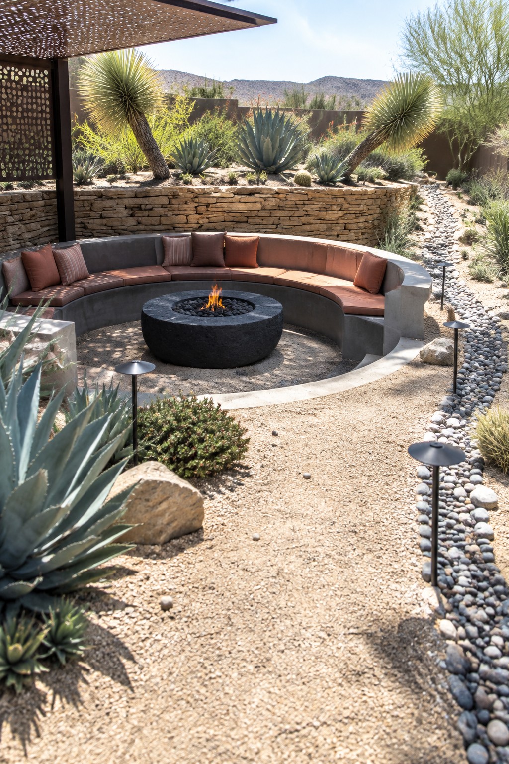 A circular stone fire pit with a curved concrete bench and cushions set in a desert garden with gravel paths and agave plants.