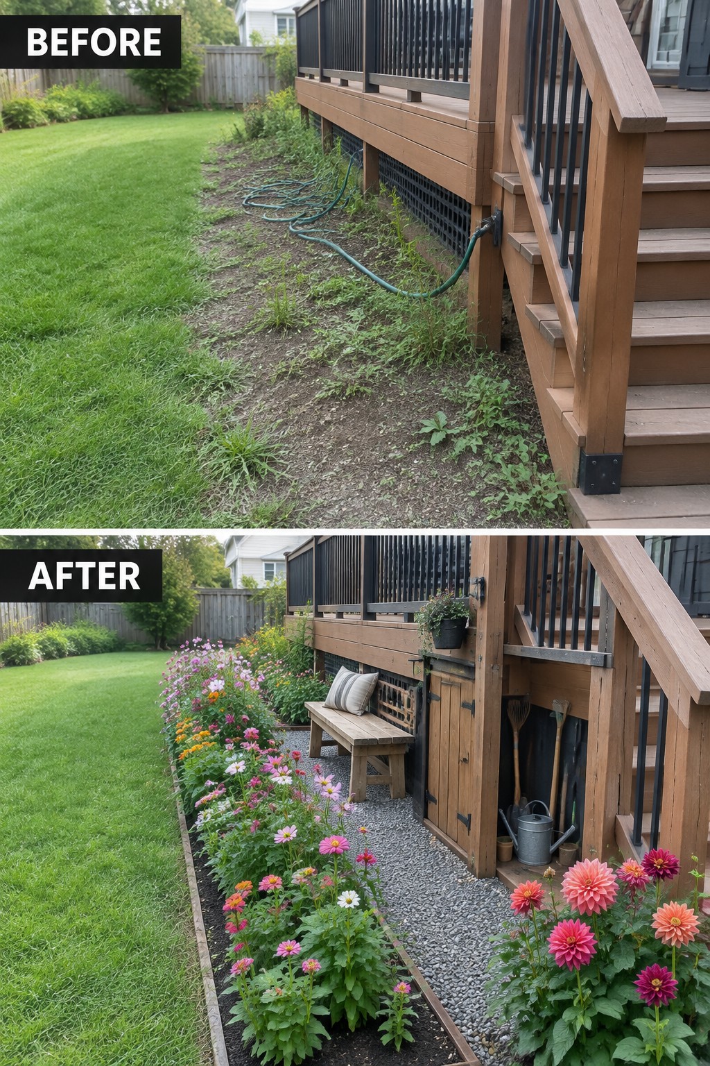 Before and after deck area transformed into colorful flower garden with bench and gravel path