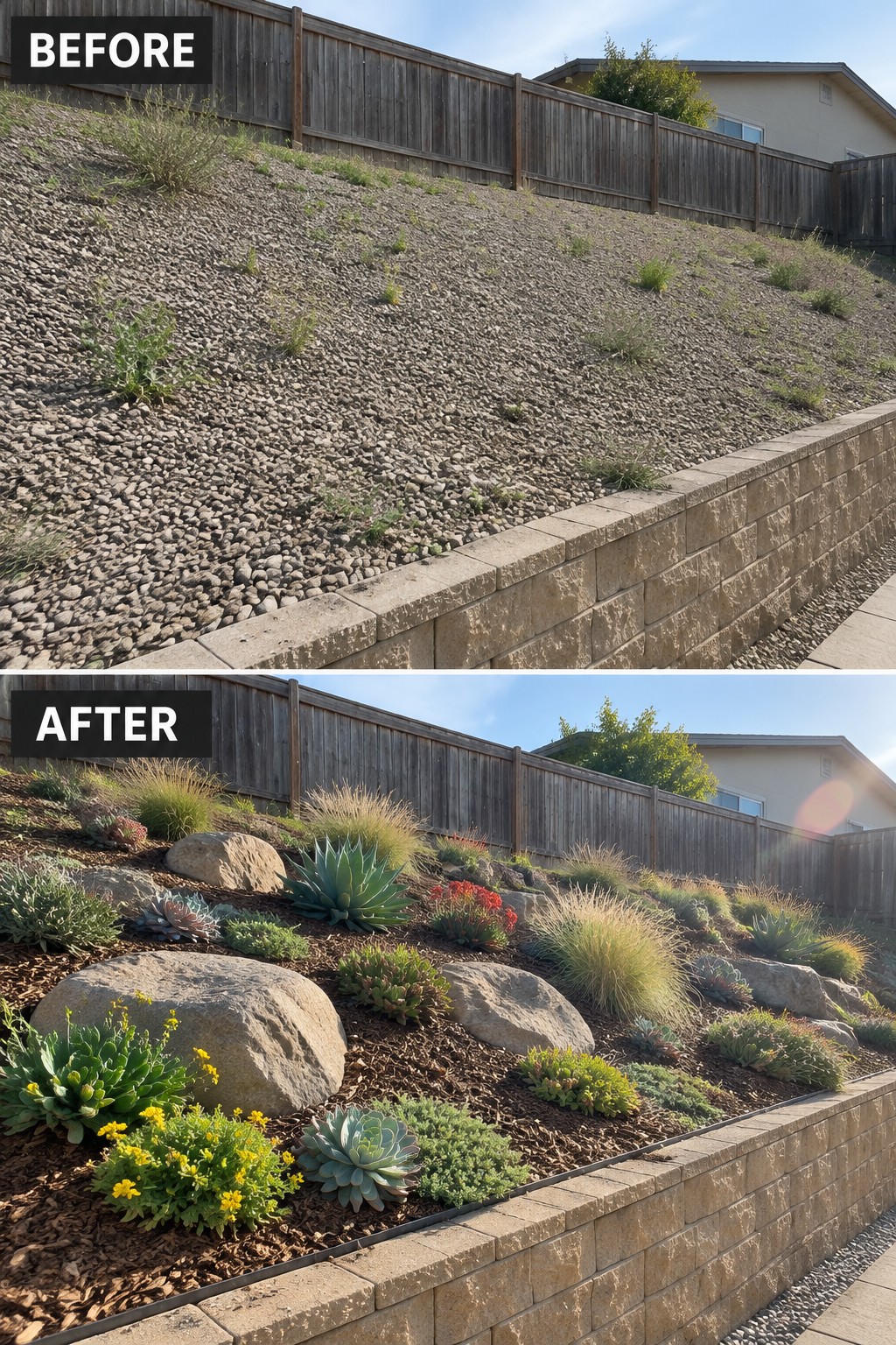 Labeled before-and-after photos of a rocky slope turned into a succulent garden.