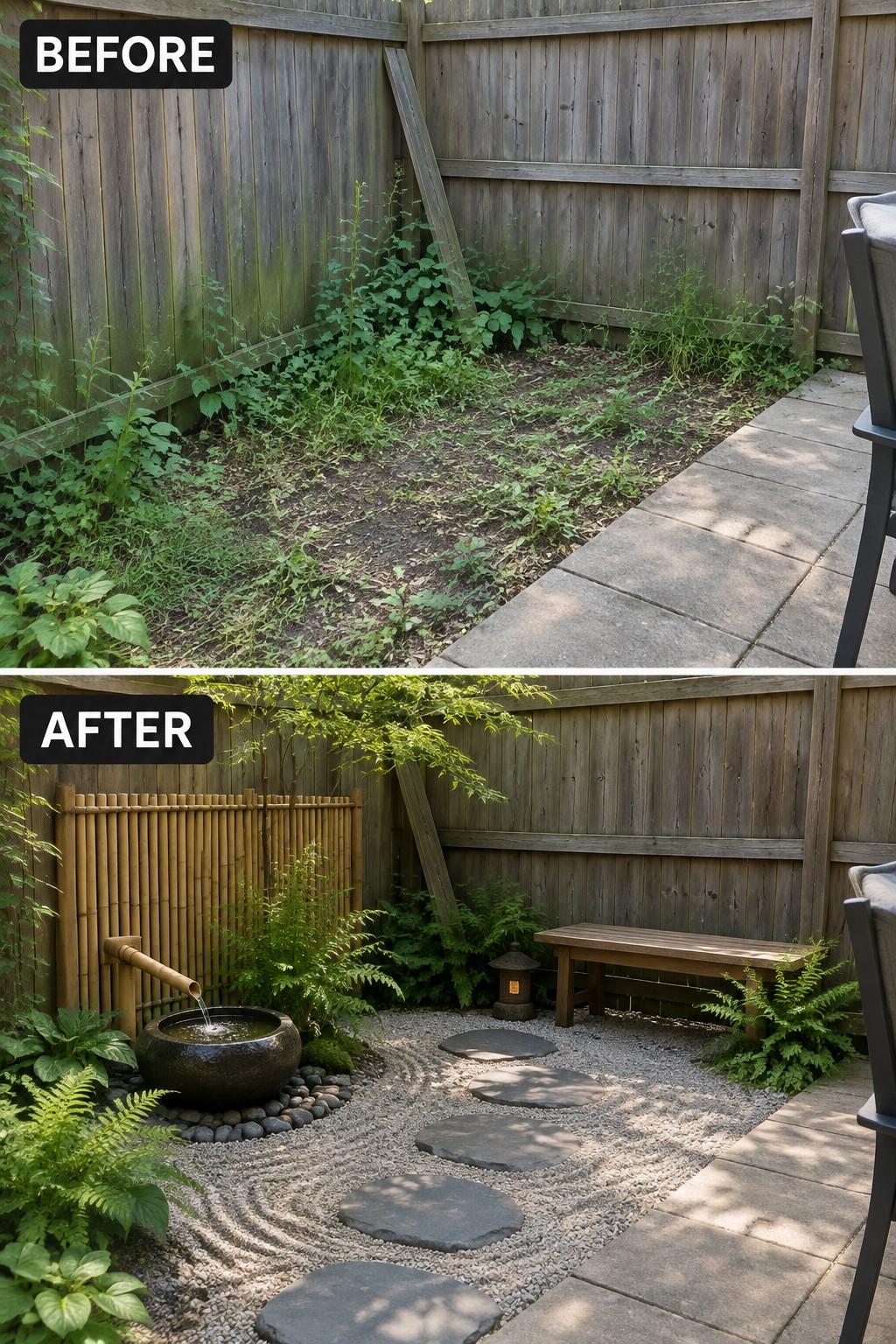Before and after backyard makeover from overgrown weeds to zen garden with fountain and bench.