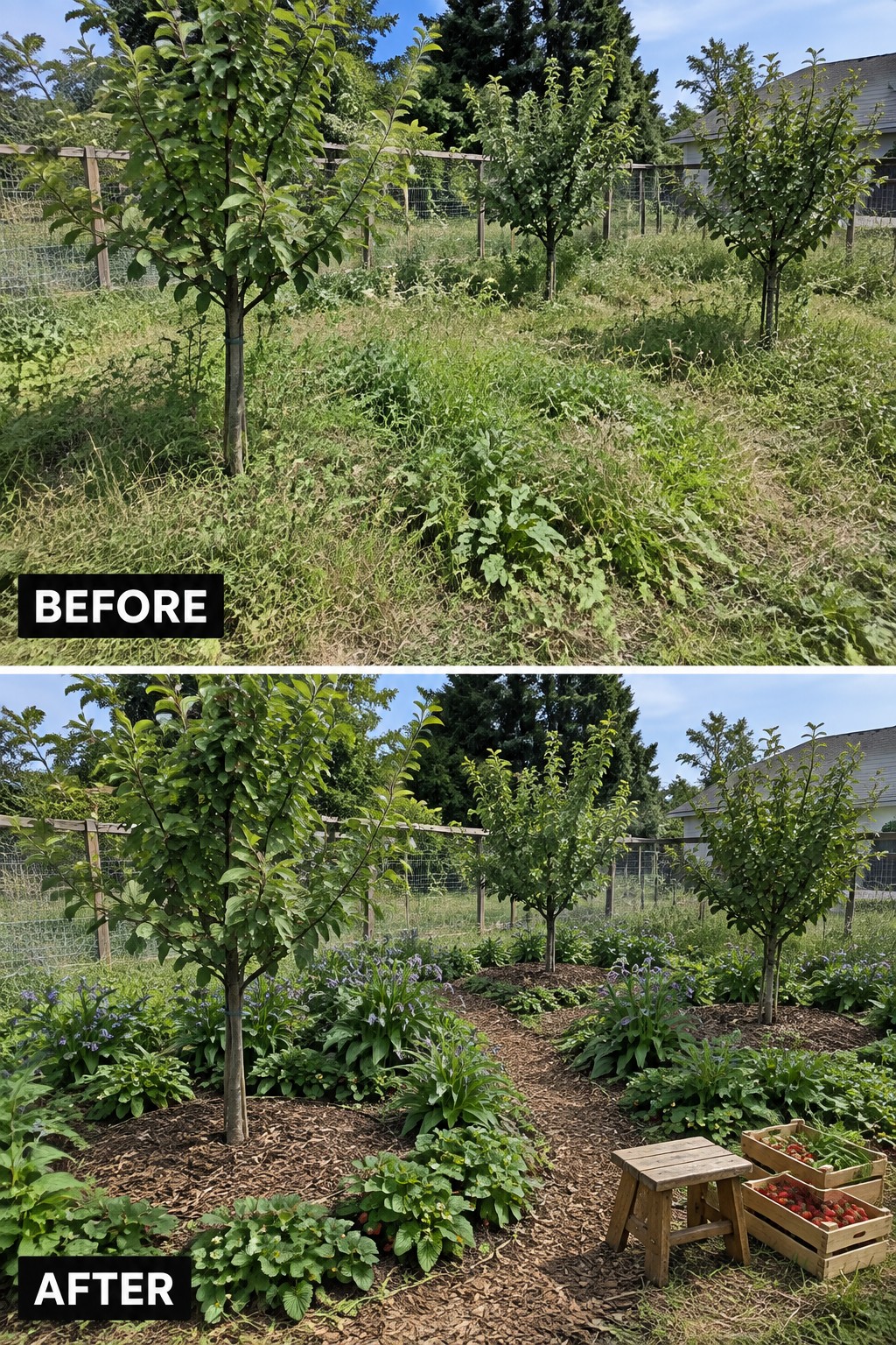 Before and after of overgrown yard transformed into mulched garden with flowers and strawberries