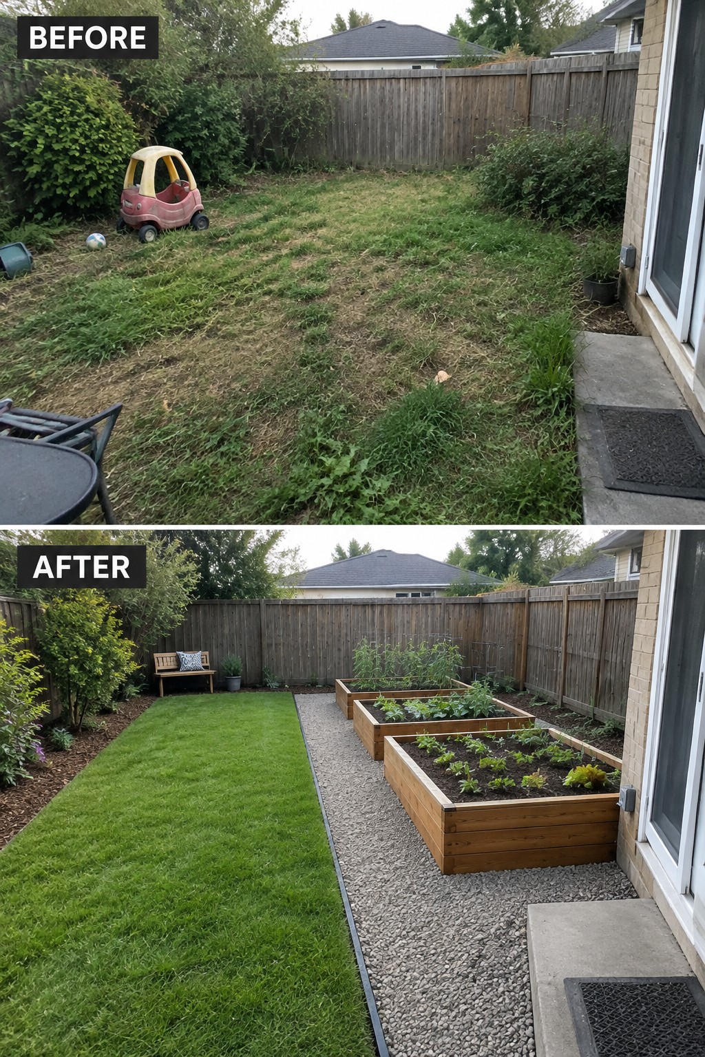 Backyard before with messy lawn and toys, after with raised beds and neat grass