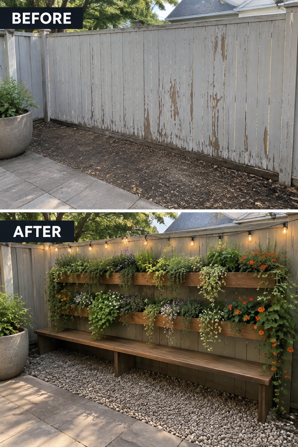 Before and after fence transformed with tiered planters, bench, and string lights.