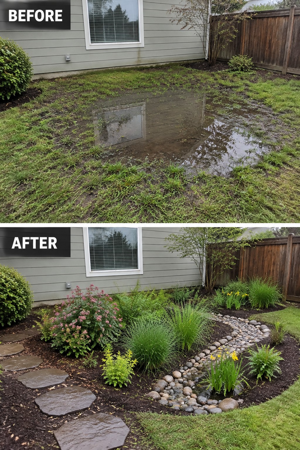 Before-and-after image of a flooded backyard transformed into a landscaped garden with defined mulch beds, a curving stone path, and planted borders.