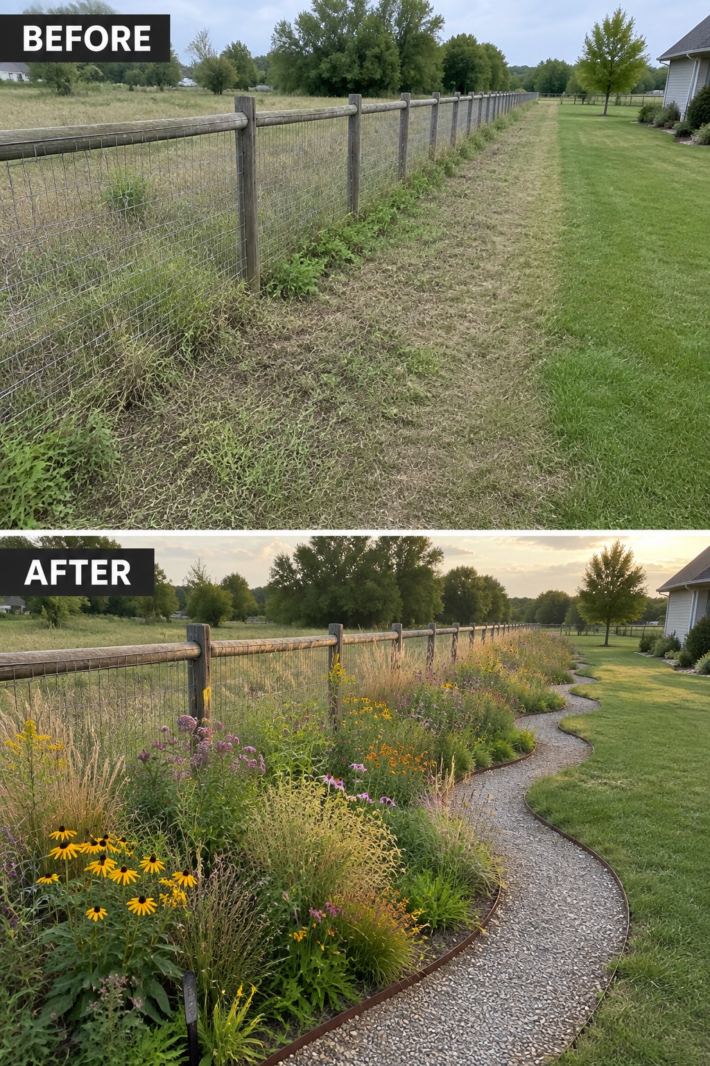Before-and-after image of an overgrown fence line changed into a defined garden bed with flowers, grasses, and a gravel path.