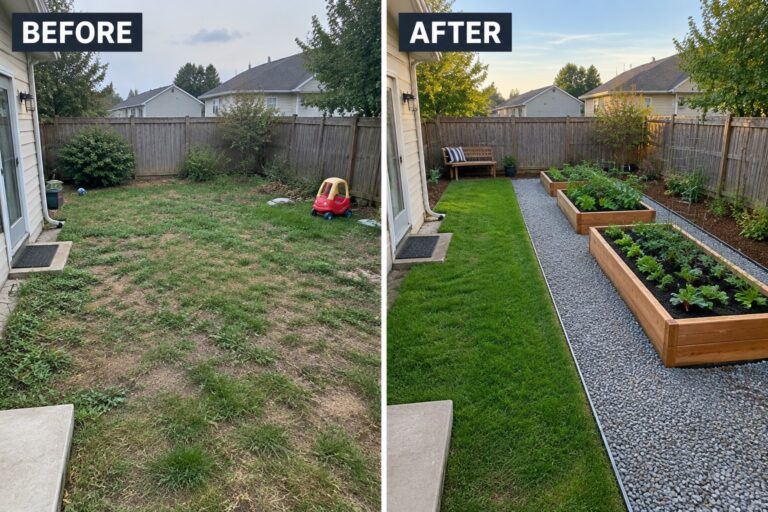 19 Creative Backyard Makeover Ideas With Defined Garden Zones Backyard before with messy lawn and toys, after with raised beds and neat grass