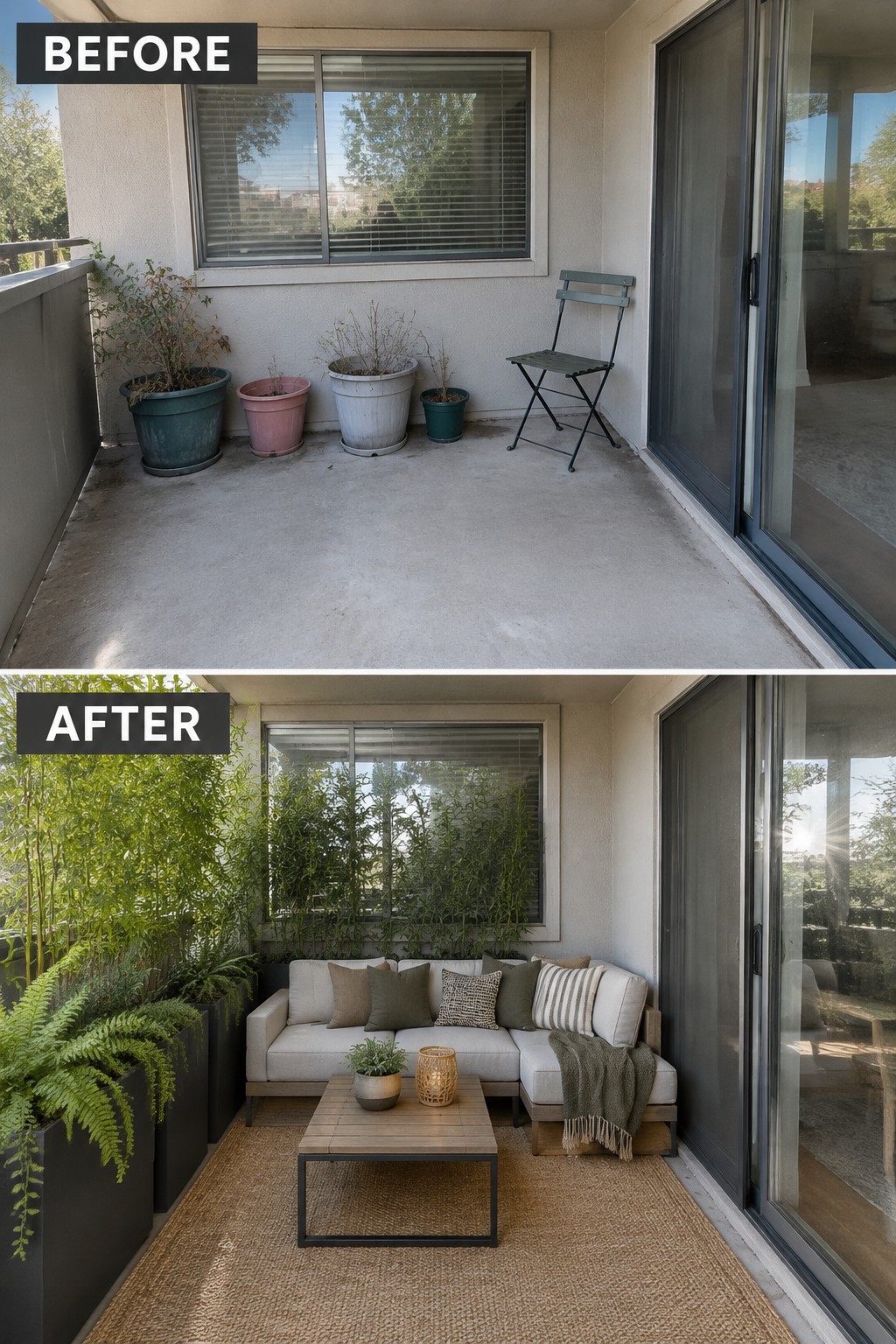 Before-and-after image of a bare concrete balcony changed into a furnished outdoor seating area with a sectional sofa, coffee table, rug, and planters.