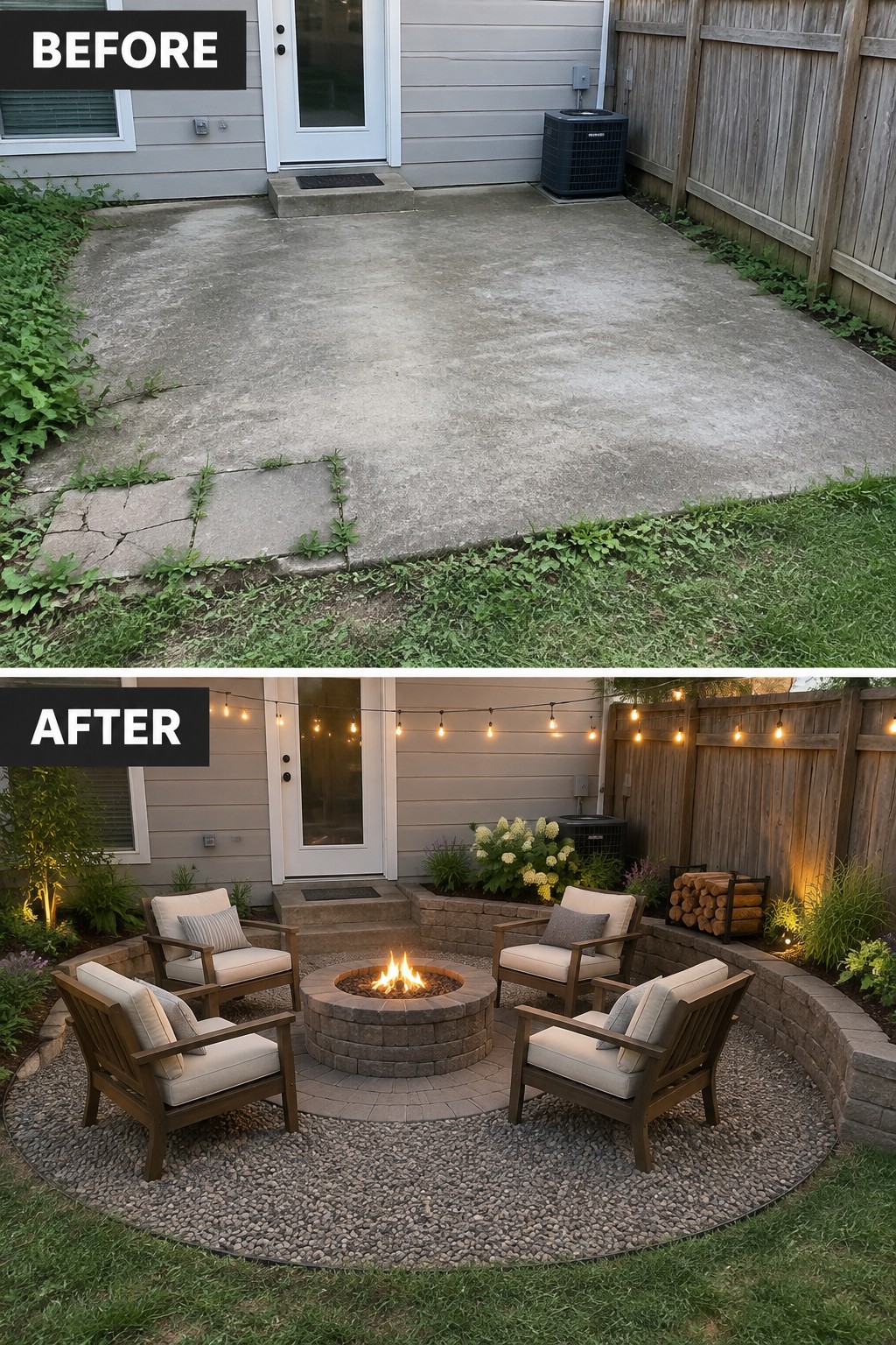 Before-and-after image of a bare concrete backyard patio changed into a fire pit seating area with four chairs, gravel base, and string lights.