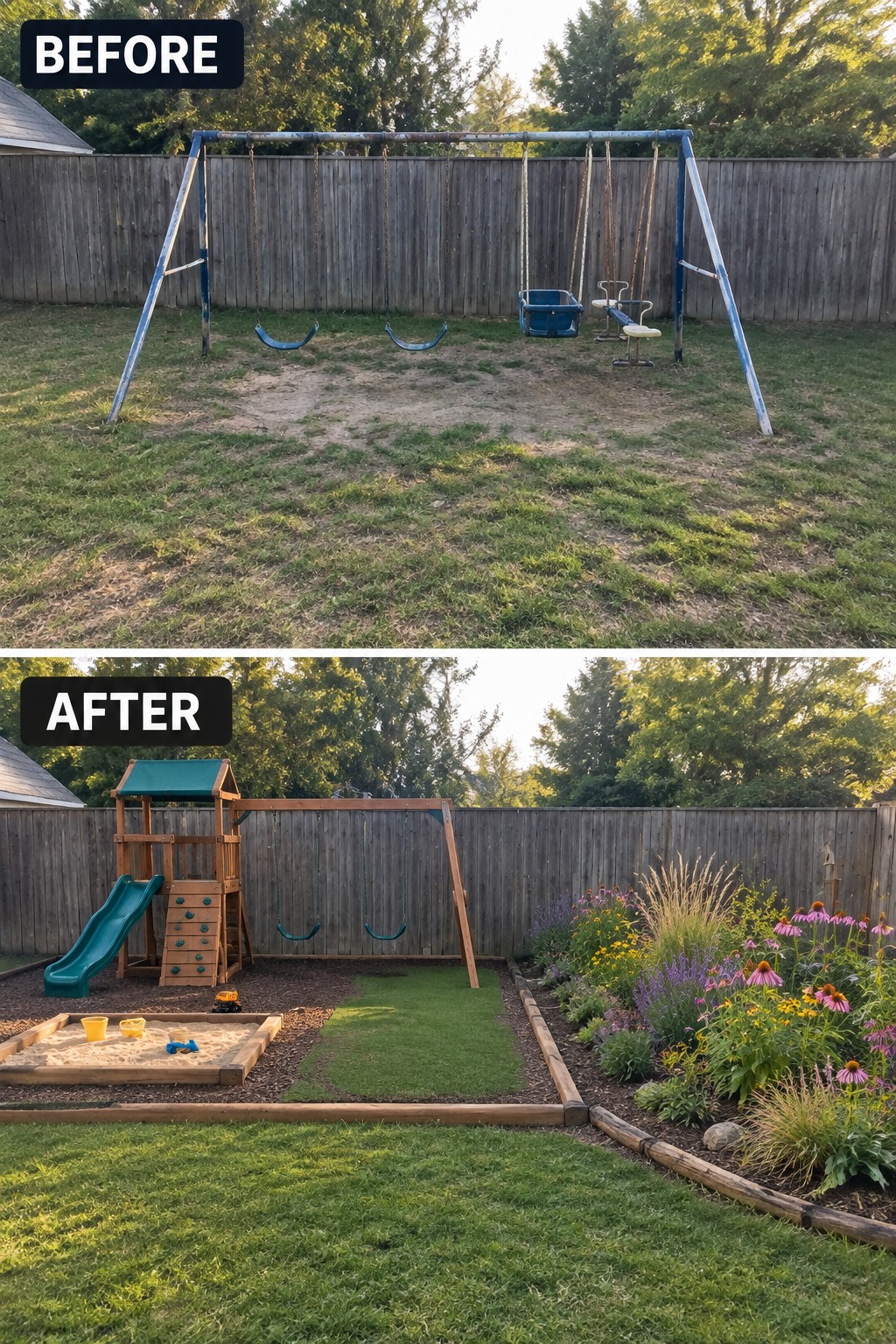 Before and after backyard: rusty swing set replaced by wooden playset, sandbox and garden.