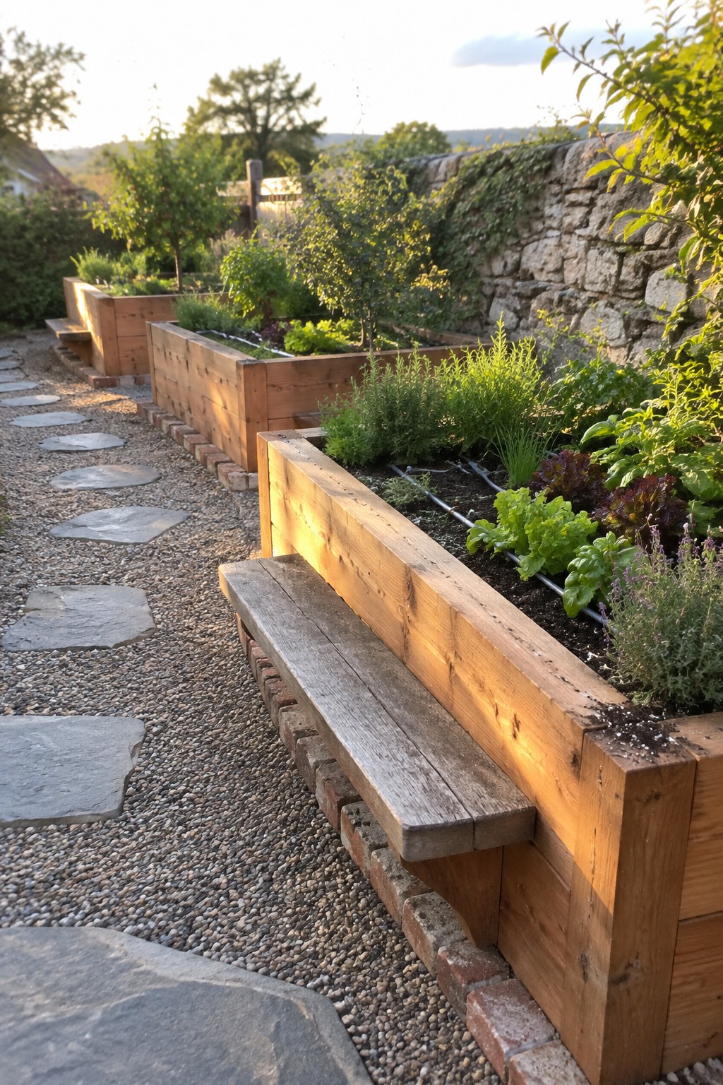 Wooden raised garden beds with a built-in bench along one side, gravel path with stepping stones, and plants growing inside the beds next to a stone wall.