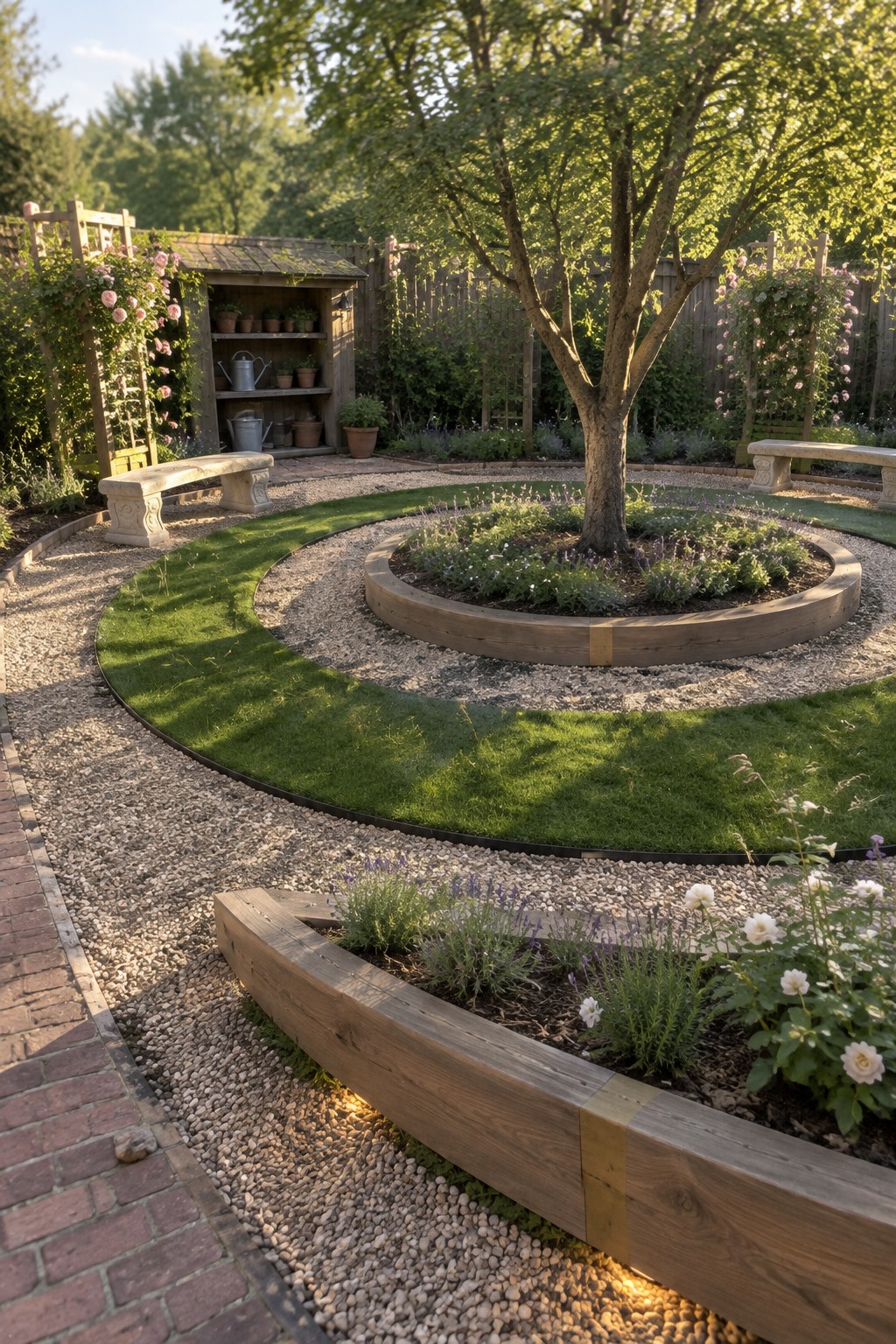 A landscaped garden featuring multiple curved and circular raised beds constructed from timber, with gravel paths, grass sections, and a central tree in one bed.