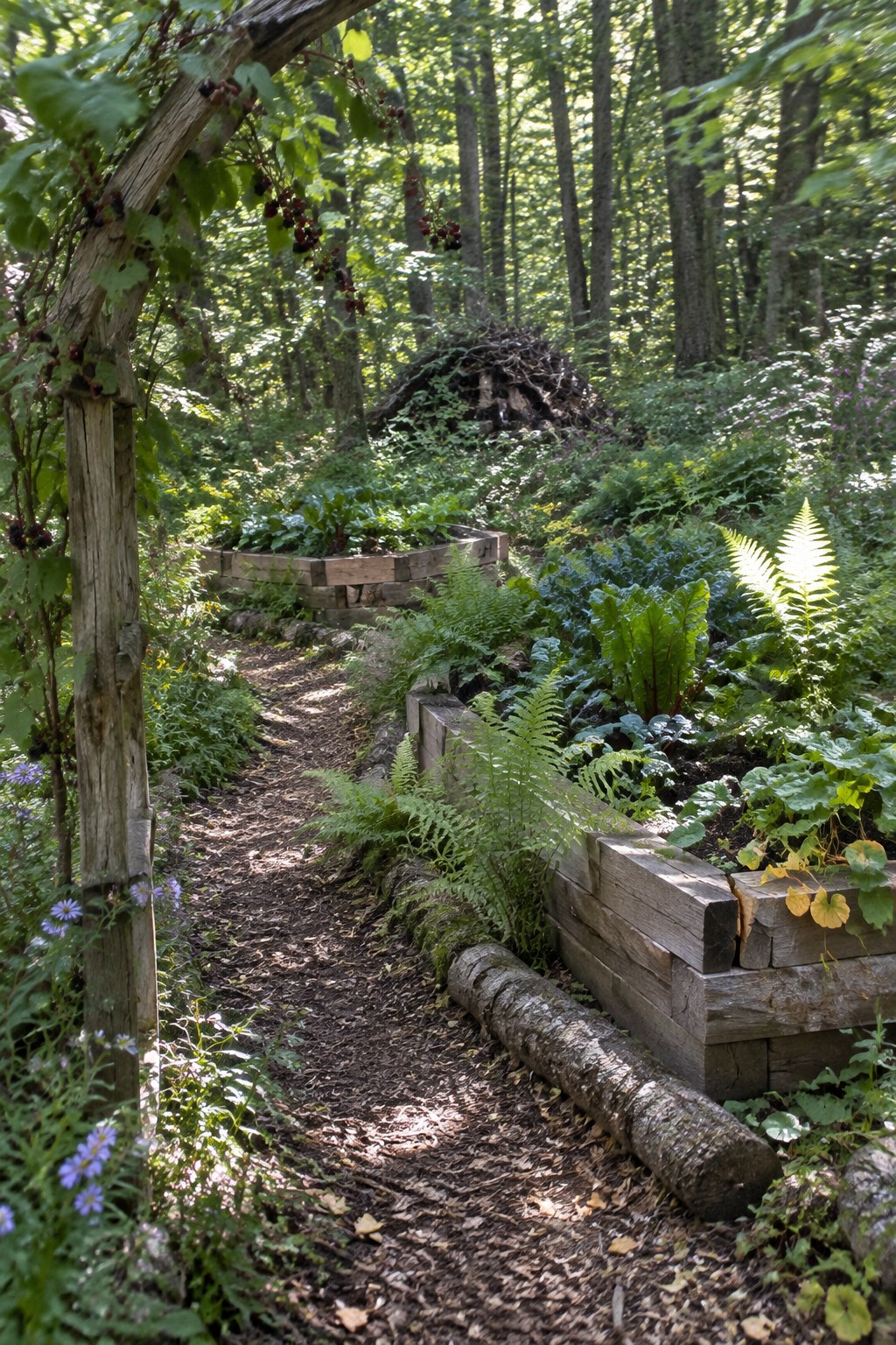A dirt path runs between multiple raised garden beds made of stacked timber frames, filled with ferns and leafy plants in a wooded area.