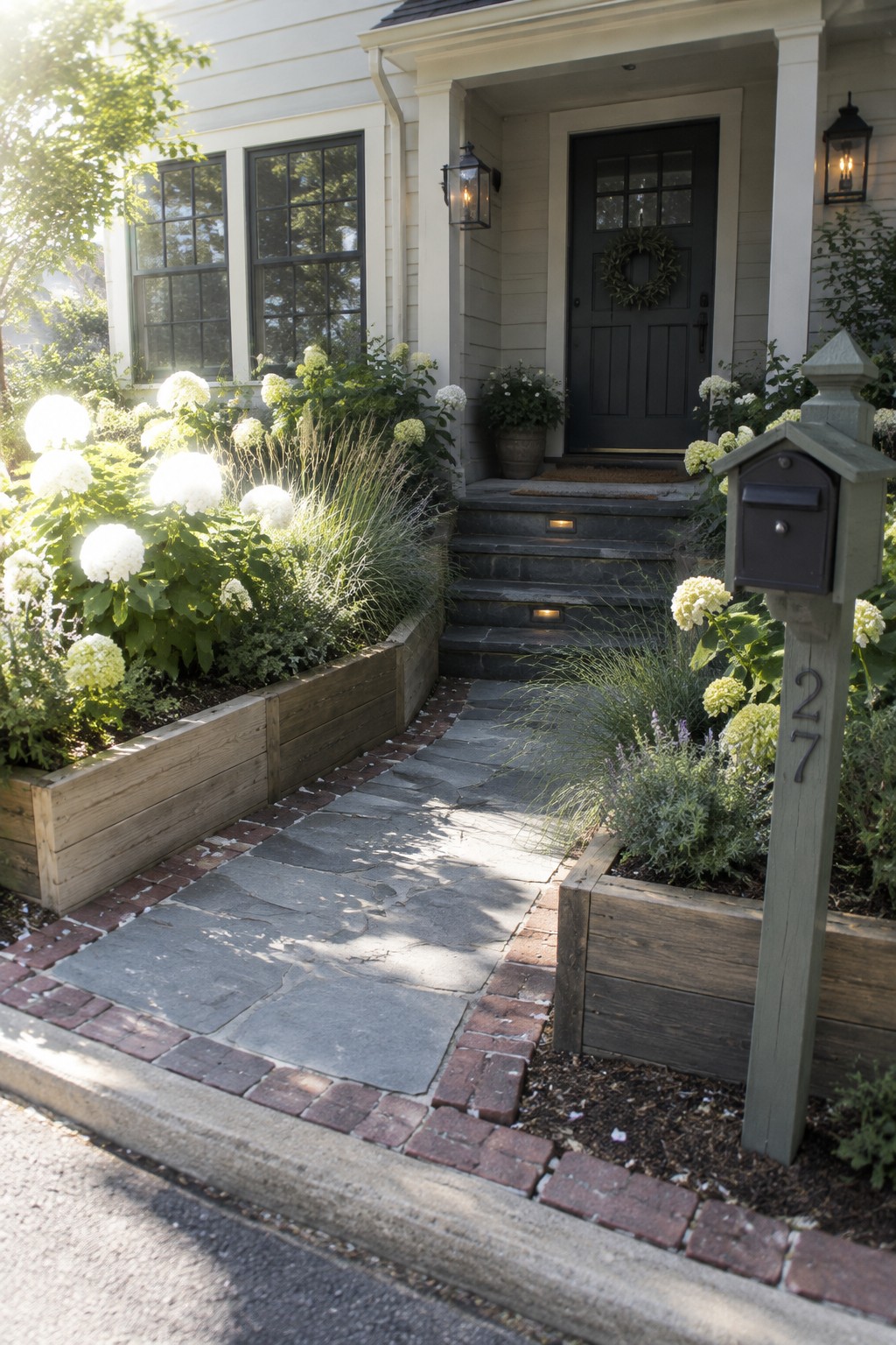 A front yard scene showing wooden raised garden beds with white flowers bordering a stone path that leads to house steps and a dark front door.
