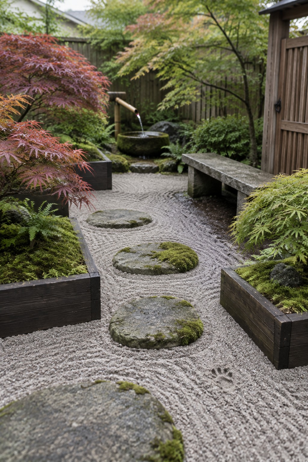 A raked gravel garden path with mossy stepping stones runs between dark timber raised beds filled with ferns and moss, bordered by Japanese maples and a stone water basin.
