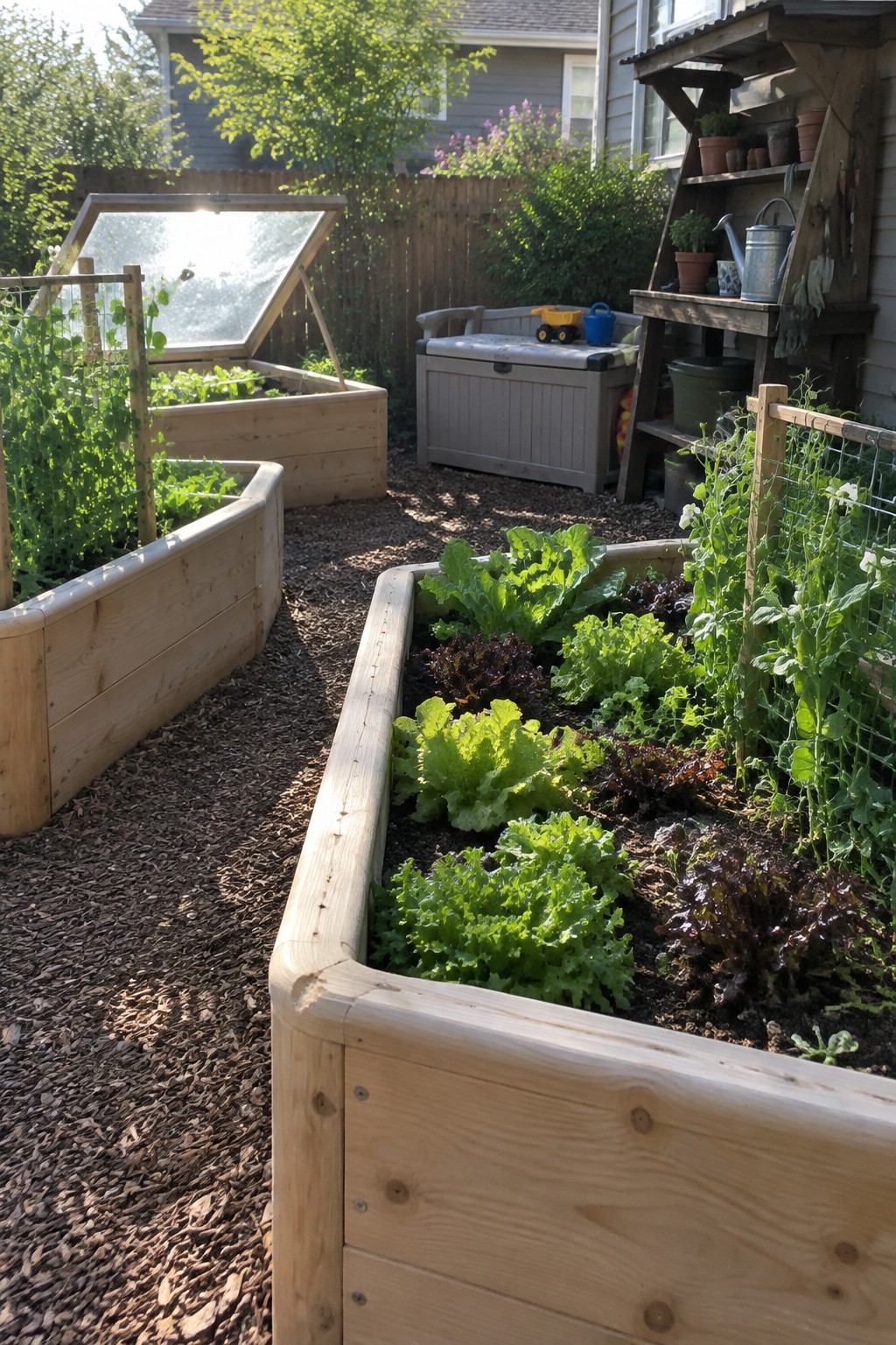 Multiple rectangular raised garden beds made of light wood frames hold rows of leafy green and red lettuce plants, with wood chip paths running between them in a backyard setting.